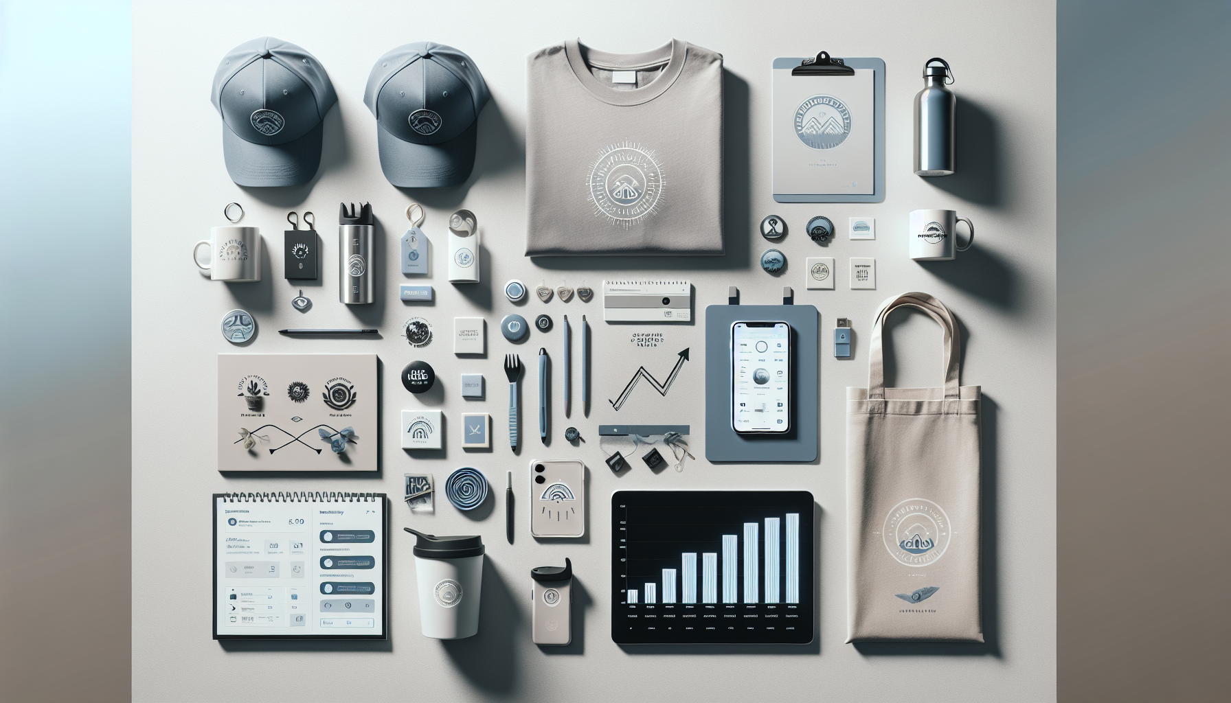 Flat lay of modern branded merchandise—t-shirts, caps, mugs, tote bag, tech items—on minimalist background with e-commerce and growth icons.