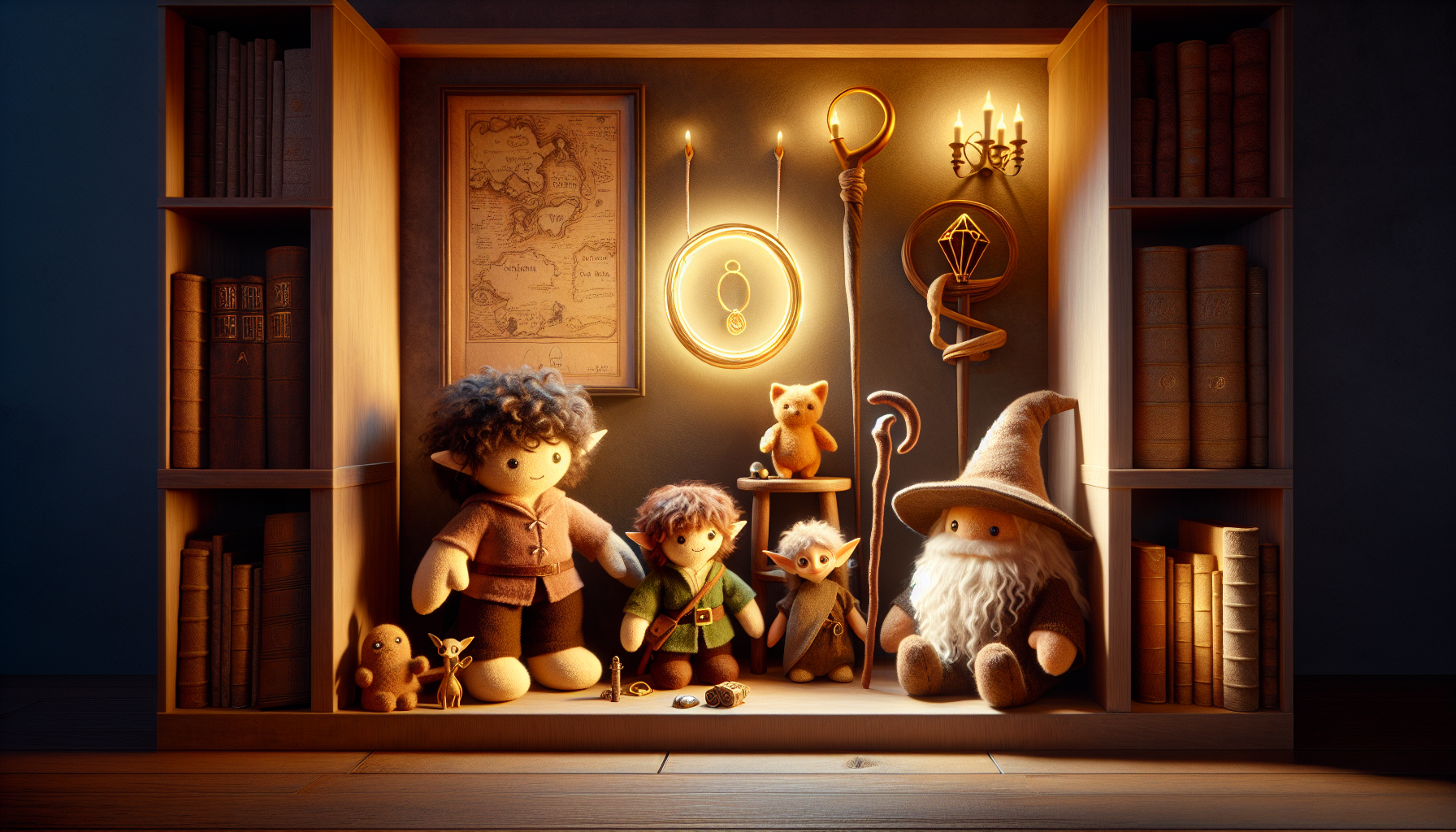 Lord of the Rings gosedjur plush toys—Frodo, Gandalf, Gollum—on a wooden shelf with Middle-earth décor in a warmly lit collector’s room.