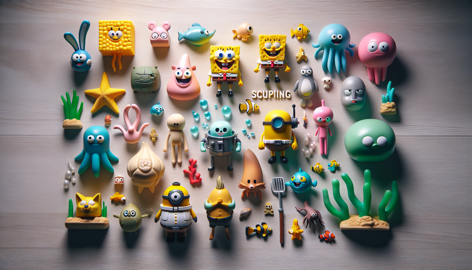 Svampbob Fyrkant Figurer Flat-lay of SpongeBob SquarePants character figures on wood, featuring SpongeBob, Patrick, Sandy, Squidward, Plankton, and undersea accents.
