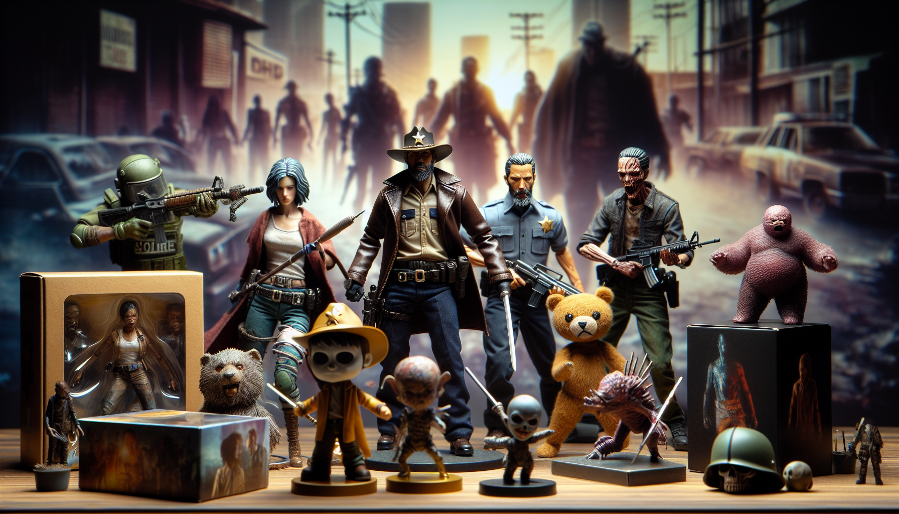 The Walking Dead figurer and Funko Pop vinyls displayed on a tabletop with show-inspired props and a post-apocalyptic background.