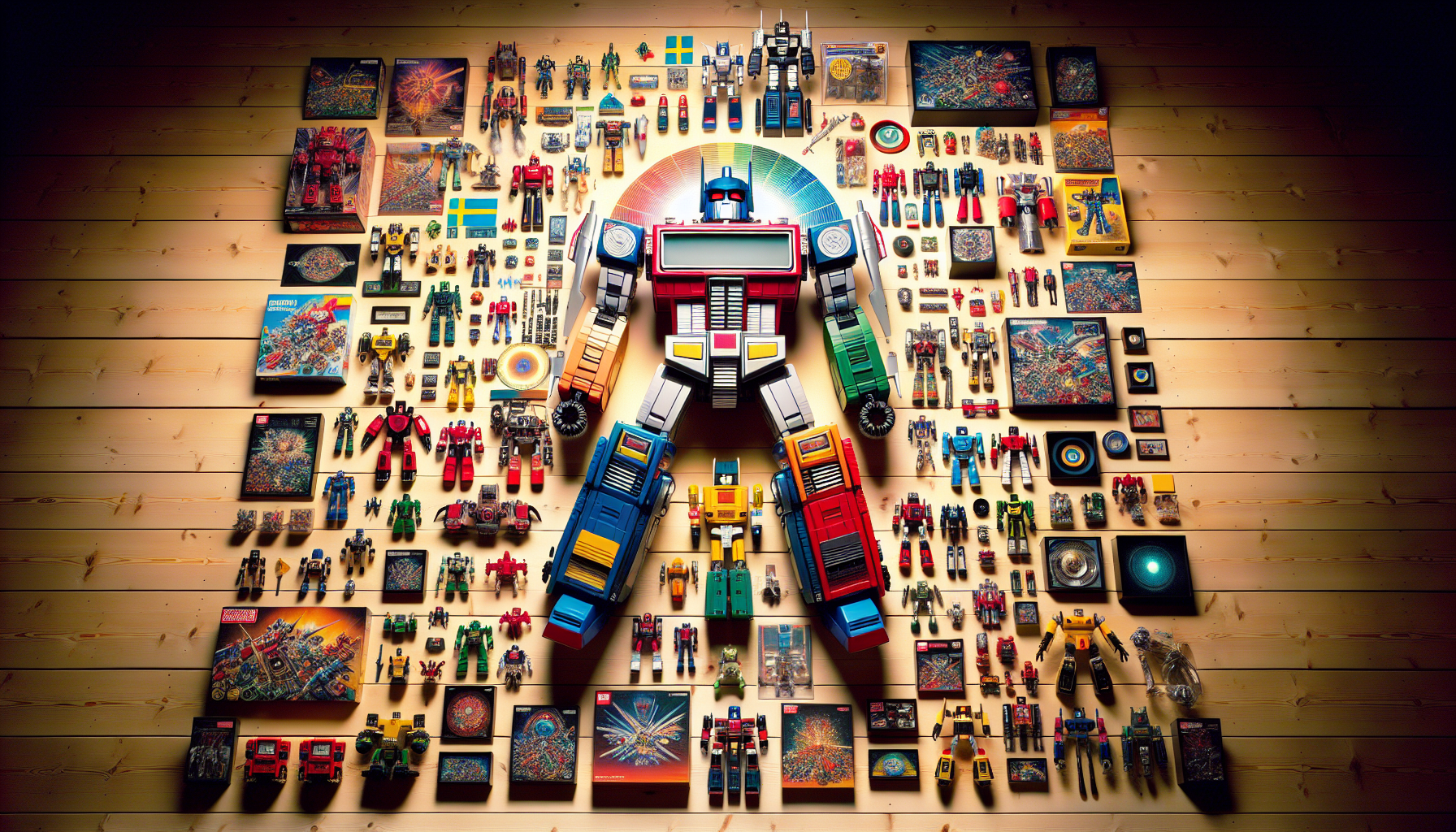 Flat-lay of iconic Voltron figurer, vintage packaging, and memorabilia on wood table, Swedish flag pin in background, vibrant and nostalgic.
