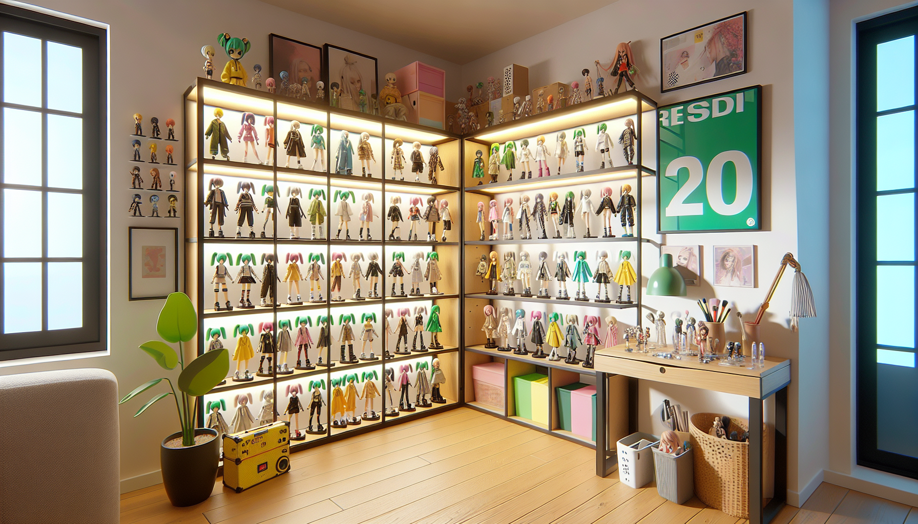 Hatsune Miku Figurer - Neatly arranged display shelf with colorful Hatsune Miku figures in various outfits, collector accessories, and modern, well-lit room décor.