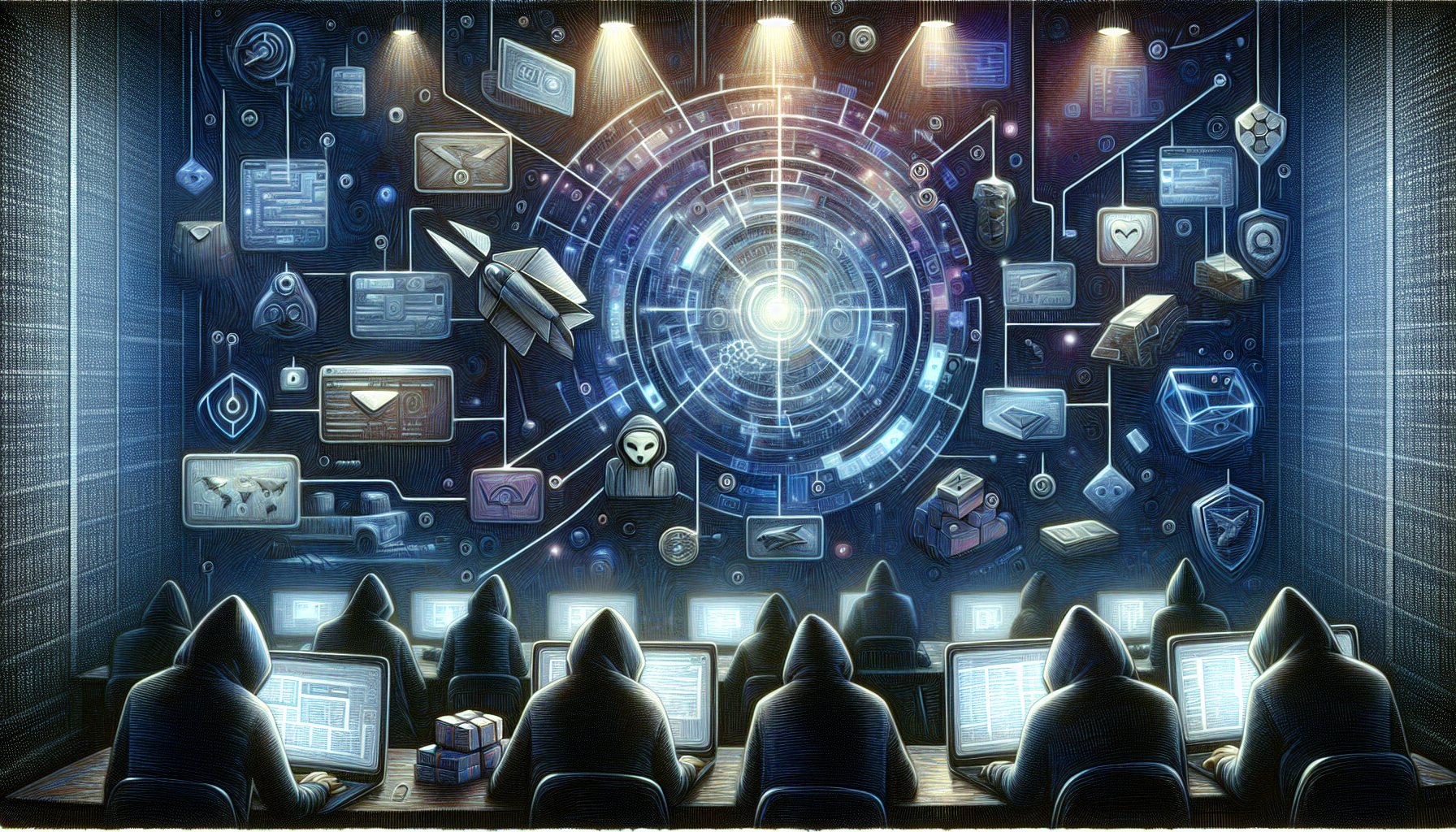Digital illustration of a dark web marketplace, glowing laptop, hooded figures, encrypted messages, and digital black market symbols in moody colors.