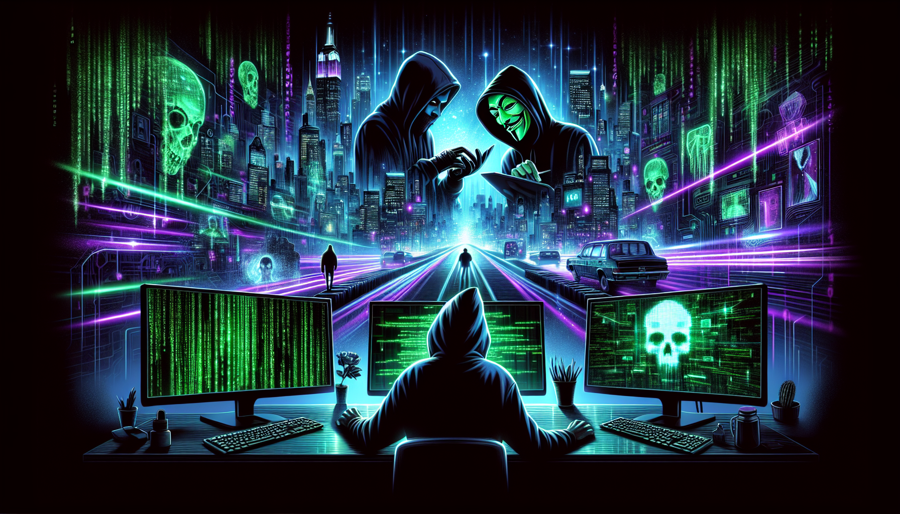 Collage of hackers typing at glowing screens, digital skull, binary code, and neon city, inspired by famous cyberattack movies like “Matrix.”