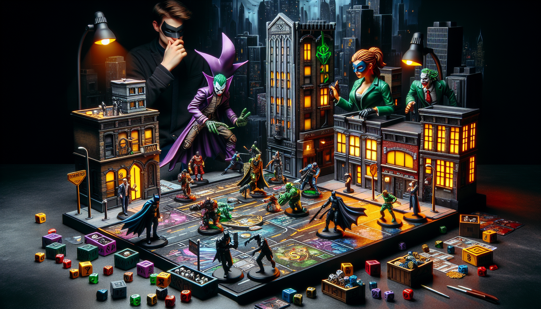 Batman Miniature Game tabletop scene with painted Batman, Joker, Gotham city props, player hands moving tokens, and iconic villain miniatures.