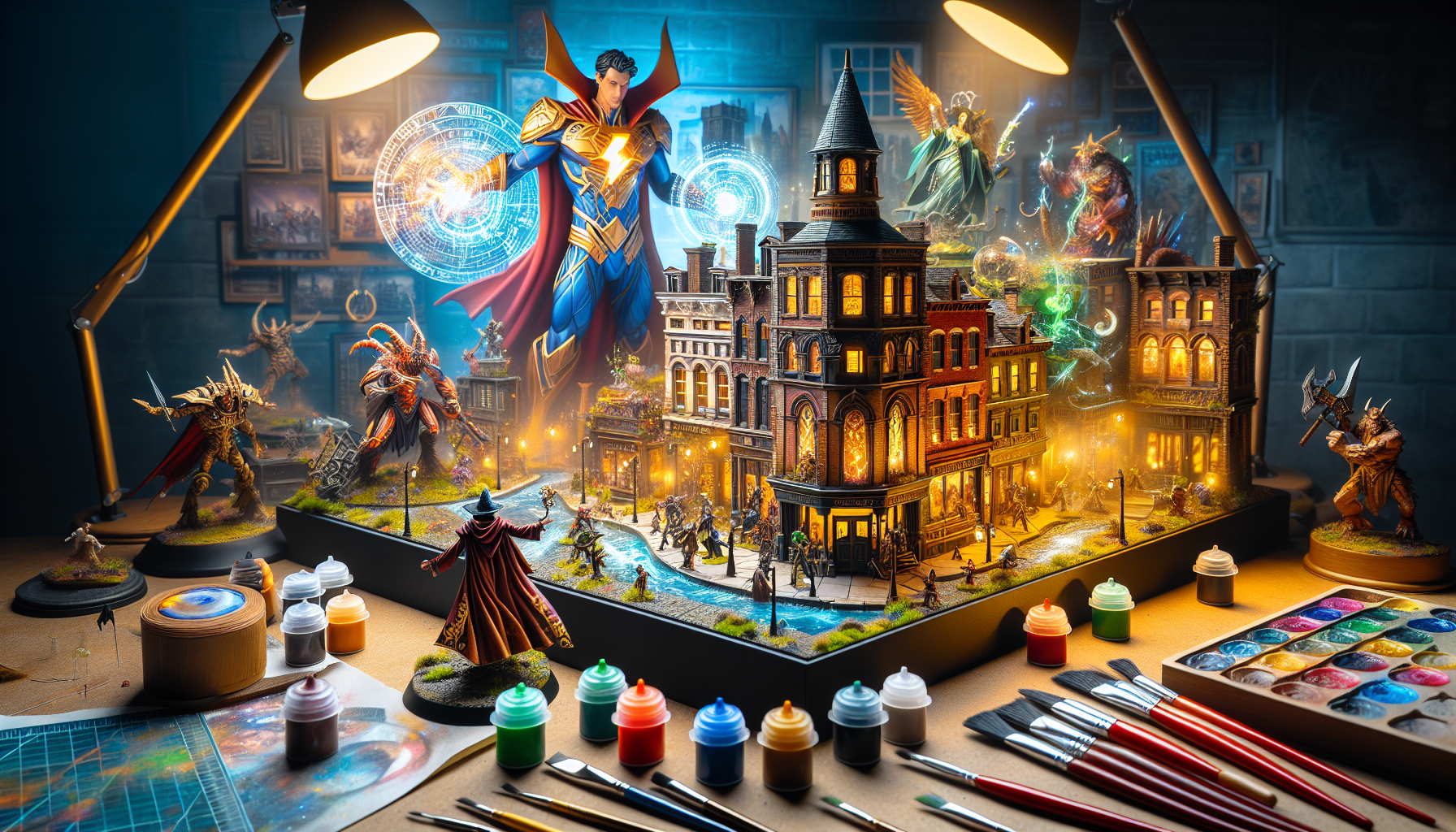 Knight Models - Tabletop scene with expertly painted miniatures on a detailed diorama, hobby tools, and display shelves highlighting miniature gaming workspace.