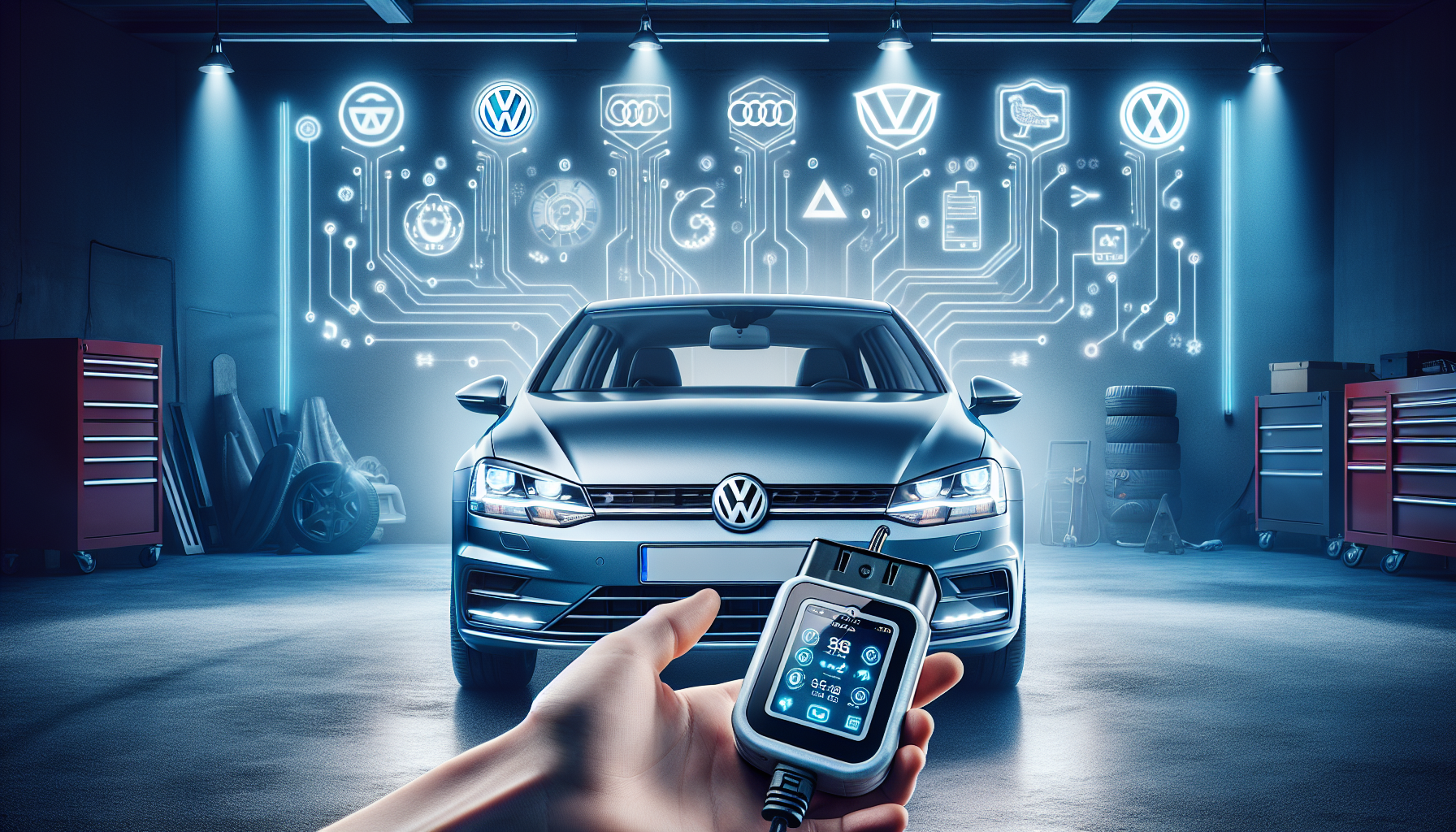 Felkodsläsare VAG - Modern Volkswagen in sleek garage with OBD2 fault code reader, VAG group logos, blue-gray tones. Automotive diagnostics and technology concept.