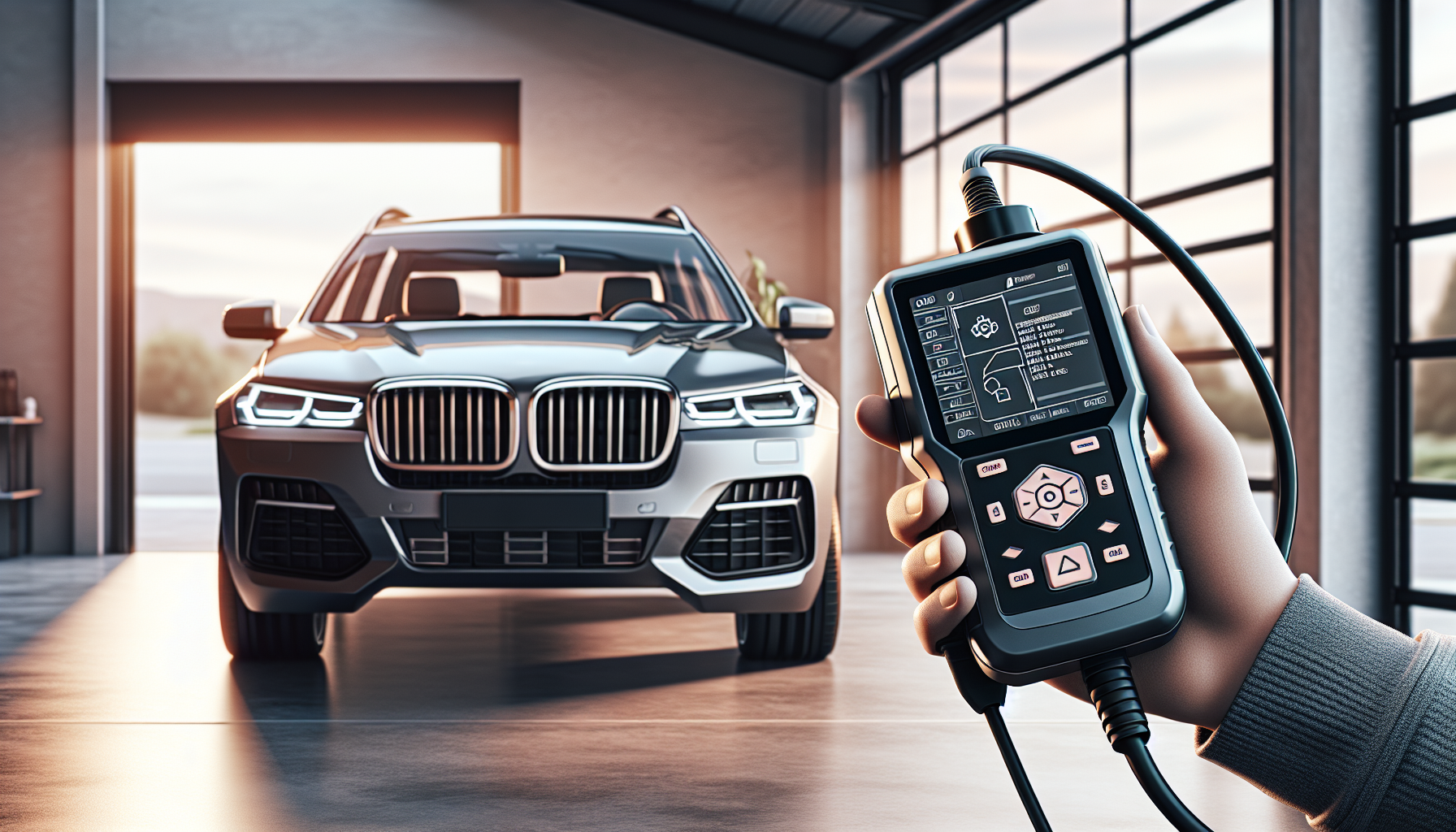 Felkodsläsare Volvo - Hands using a digital OBD2 scanner connected to a modern Volvo in a bright garage, showing car diagnostics for Volvo maintenance.