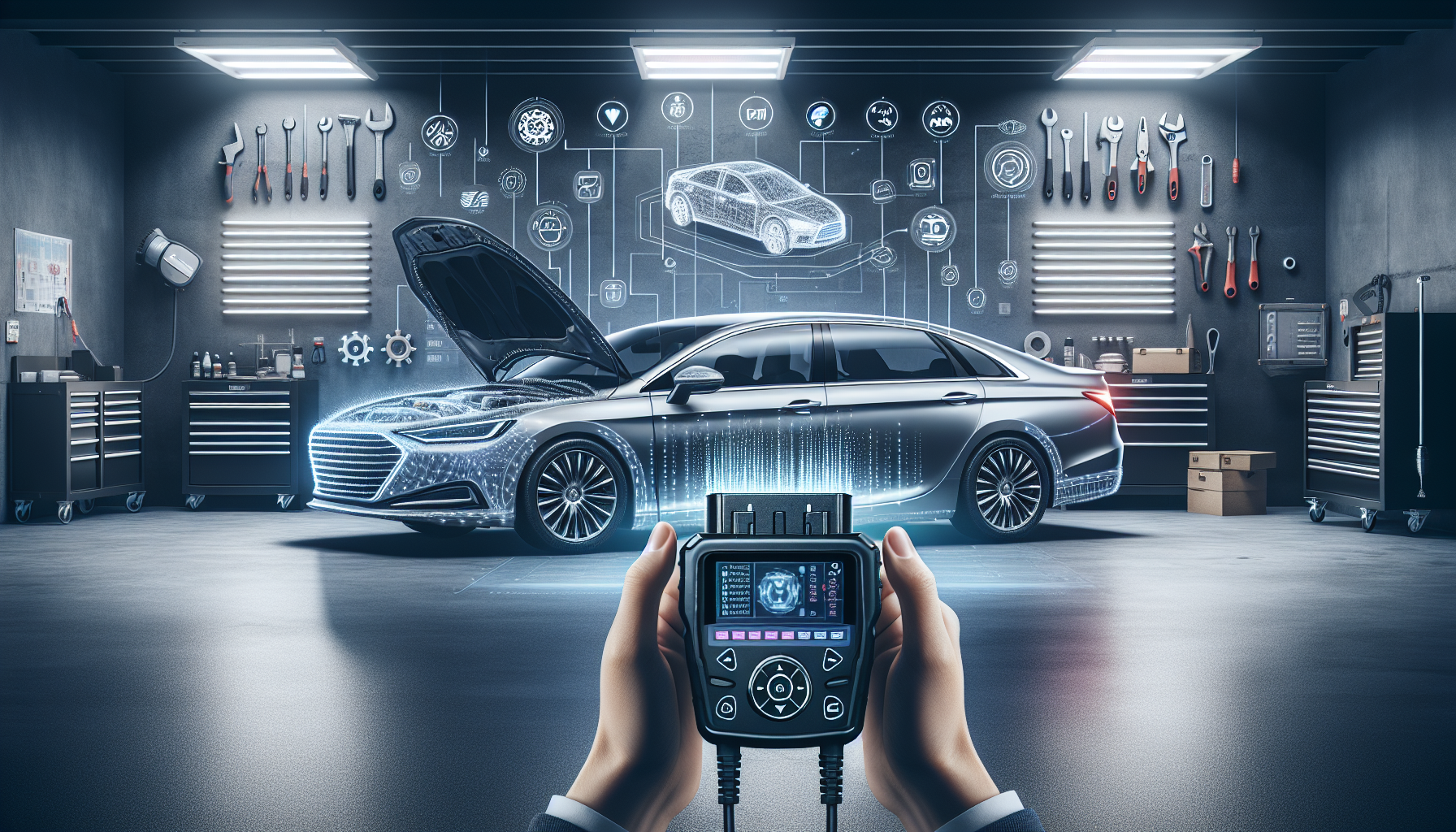 Felkodsläsare BMW - Person using a BMW diagnostic scanner on a modern BMW sedan in a clean garage, displaying fault codes with digital tech graphics overlay.