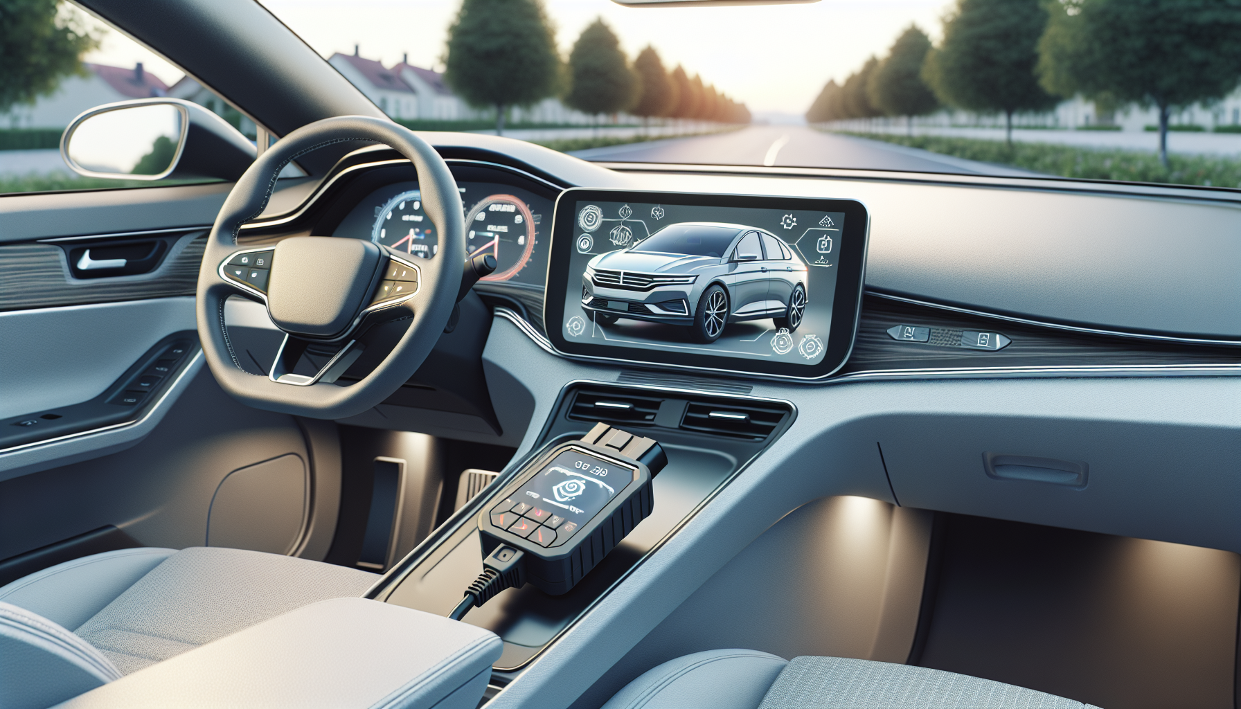 Felkodsläsare Renault car dashboard with OBD2 diagnostic tool displaying codes, steering wheel and controls visible, clean interior, technology concept.
