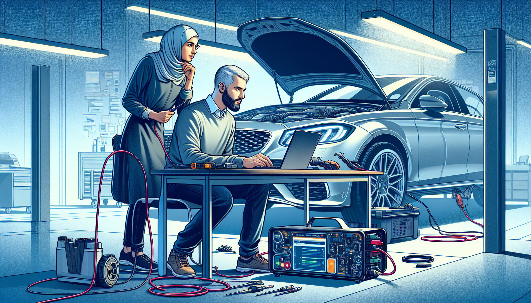 Car mechanic using Renolink diagnostic tool on Renault or Dacia in high-tech, well-lit workshop; laptop shows diagnostic software, hood open.