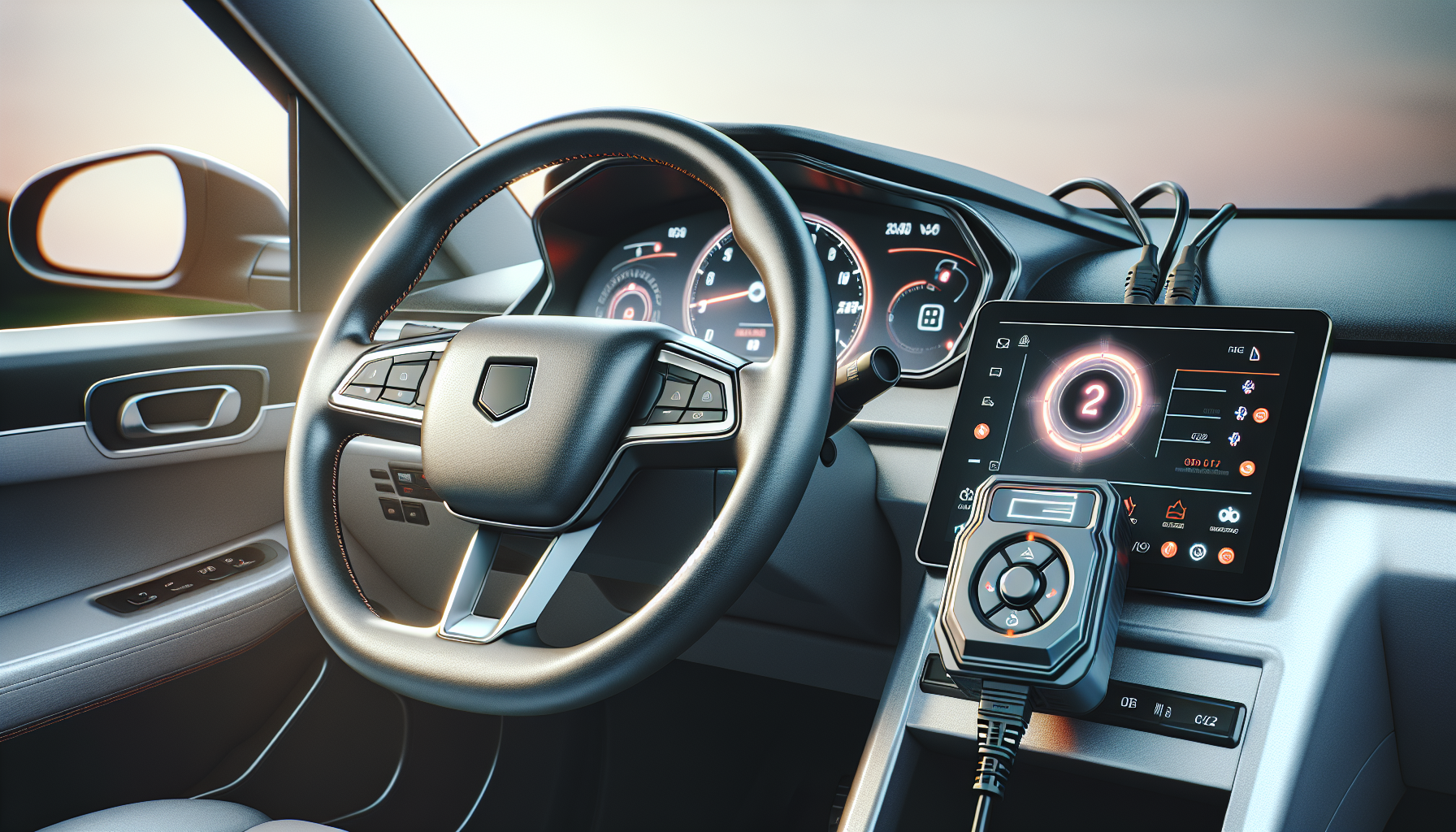 Felkodsläsare Mercedes - Mercedes-Benz dashboard with illuminated warning light and OBD2 diagnostic scanner connected, for Swedish automotive blog on car diagnostics.