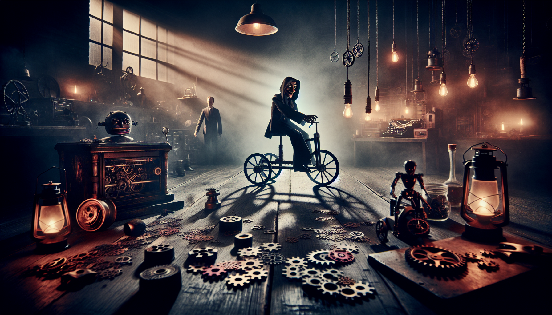 Saw figurer - Billy the Puppet on a tricycle in a shadowy, industrial Saw-inspired room with Jigsaw and iconic figures, metallic traps, and red accents.