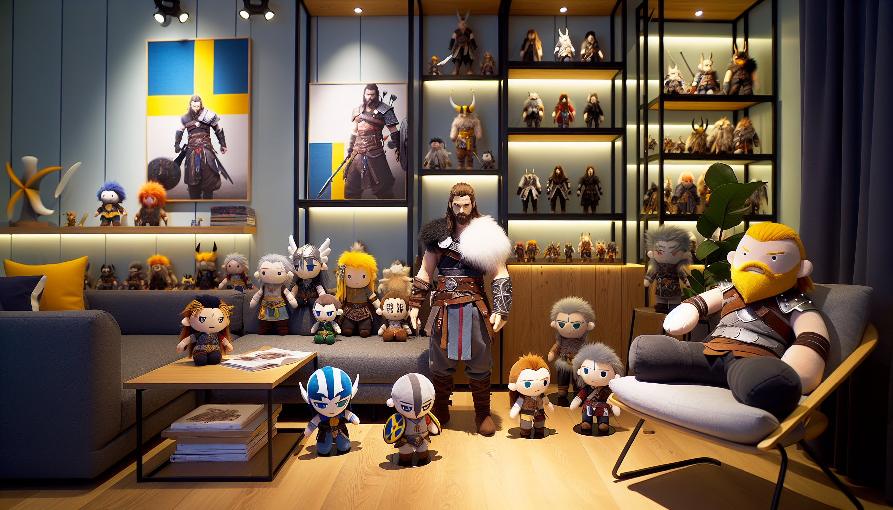 Demon Slayer gosedjur —Tanjiro, Nezuko, Zenitsu, Inosuke—displayed on a modern Swedish shelf in a bright, cozy collector’s room.
