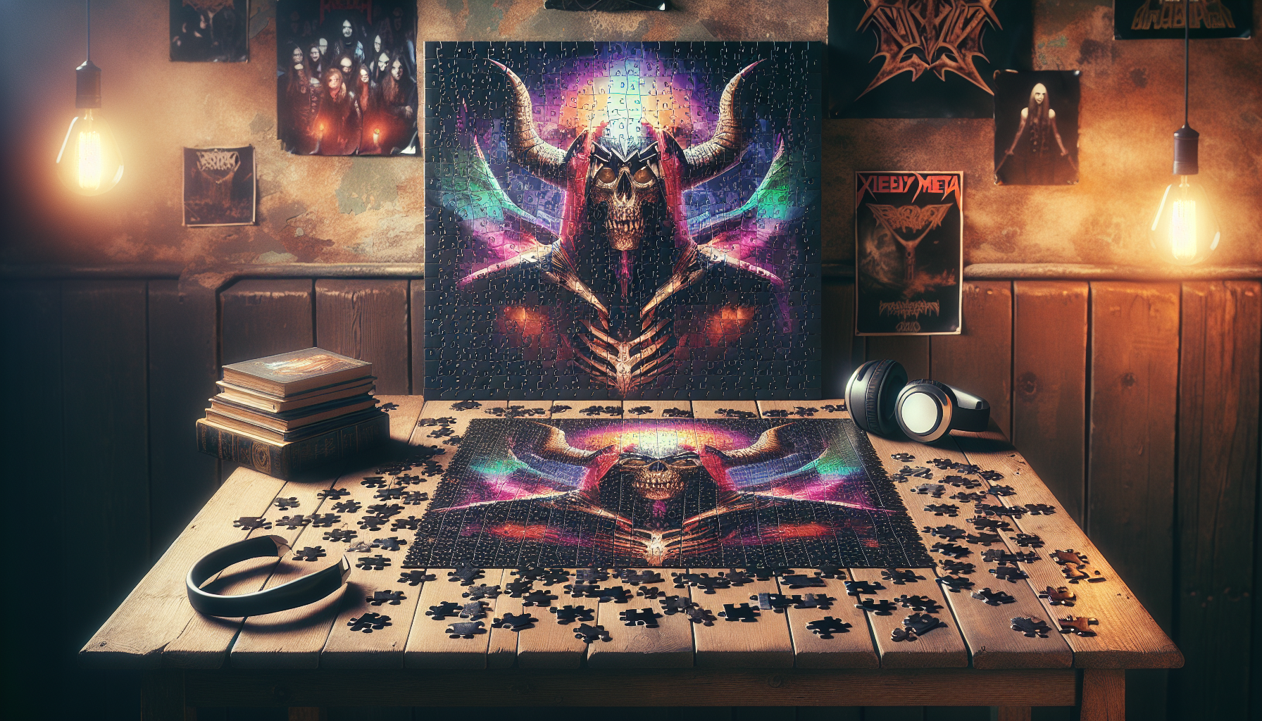 Iron Maiden pussel - Partially completed jigsaw puzzle of bold, gothic album art on a wooden table, with metal band decor and vinyl records in cozy, warm lighting.
