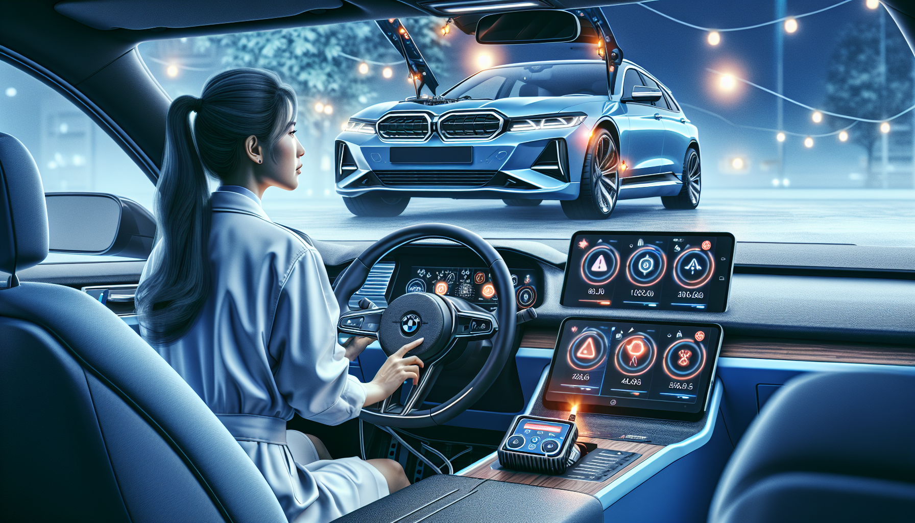 Felkodsläsare Ford - Person using OBD2 fault code reader in a modern blue Ford; diagnostic codes on tablet, dashboard warning light, tidy DIY garage setting.