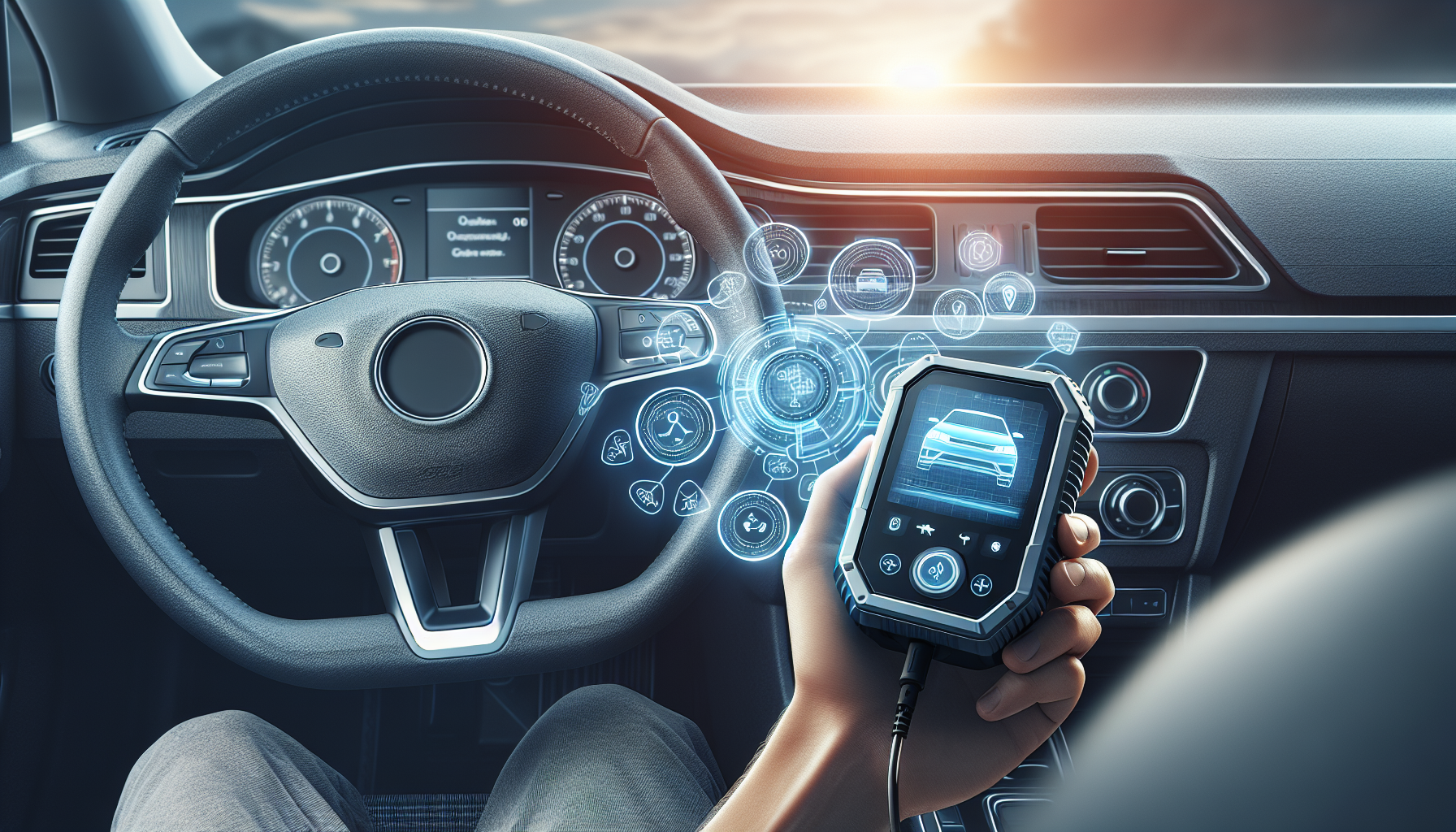Felkodsläsare Volkswagen - Hand using a modern OBD2 code reader in a clean Volkswagen interior, digital diagnostic interface visible, symbolizing easy car troubleshooting.