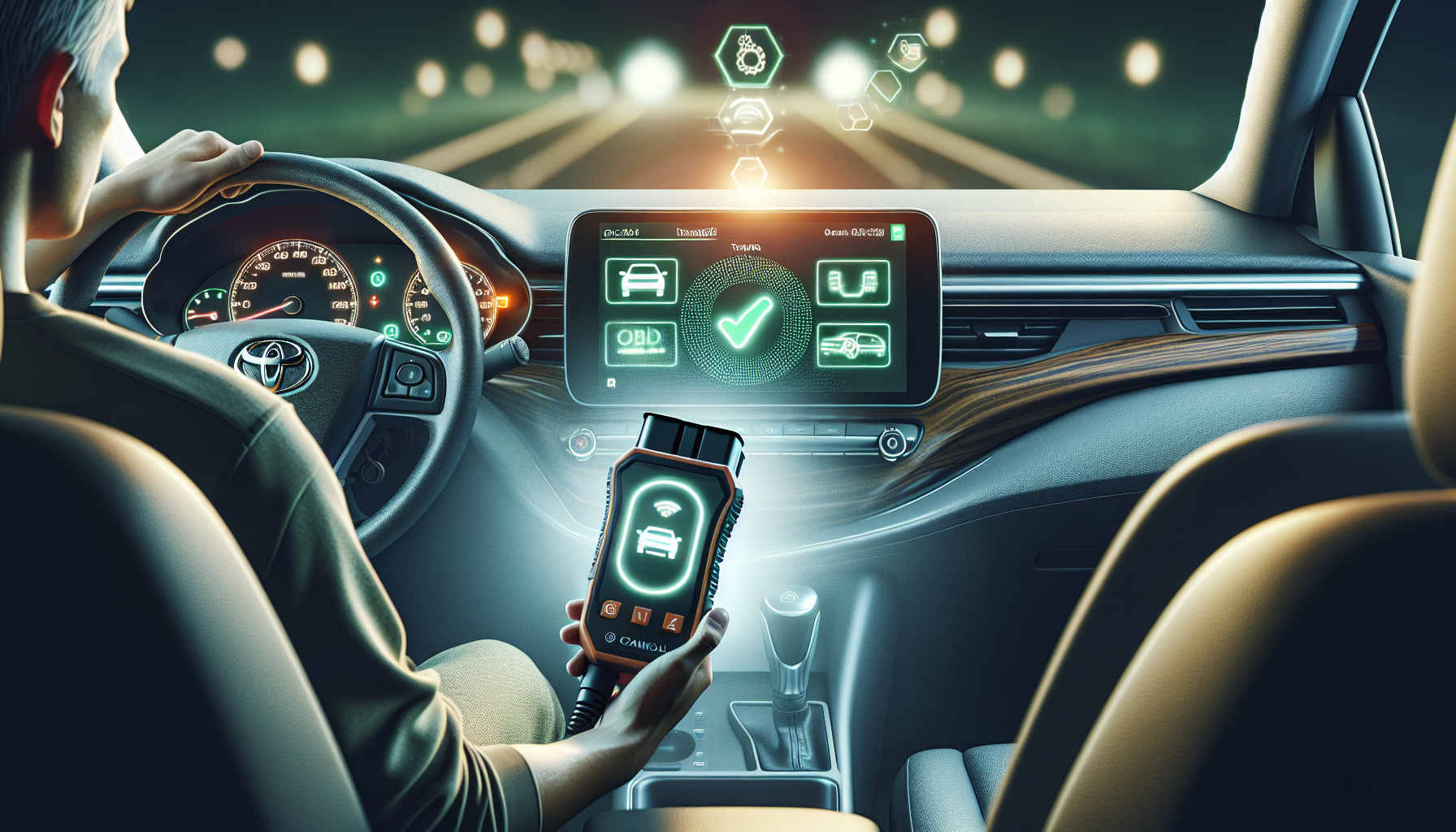 Felkodsläsare Toyota - Toyota car interior with driver using digital OBD2 scanner, dashboard warning light, Swedish design, for car diagnostics and maintenance.