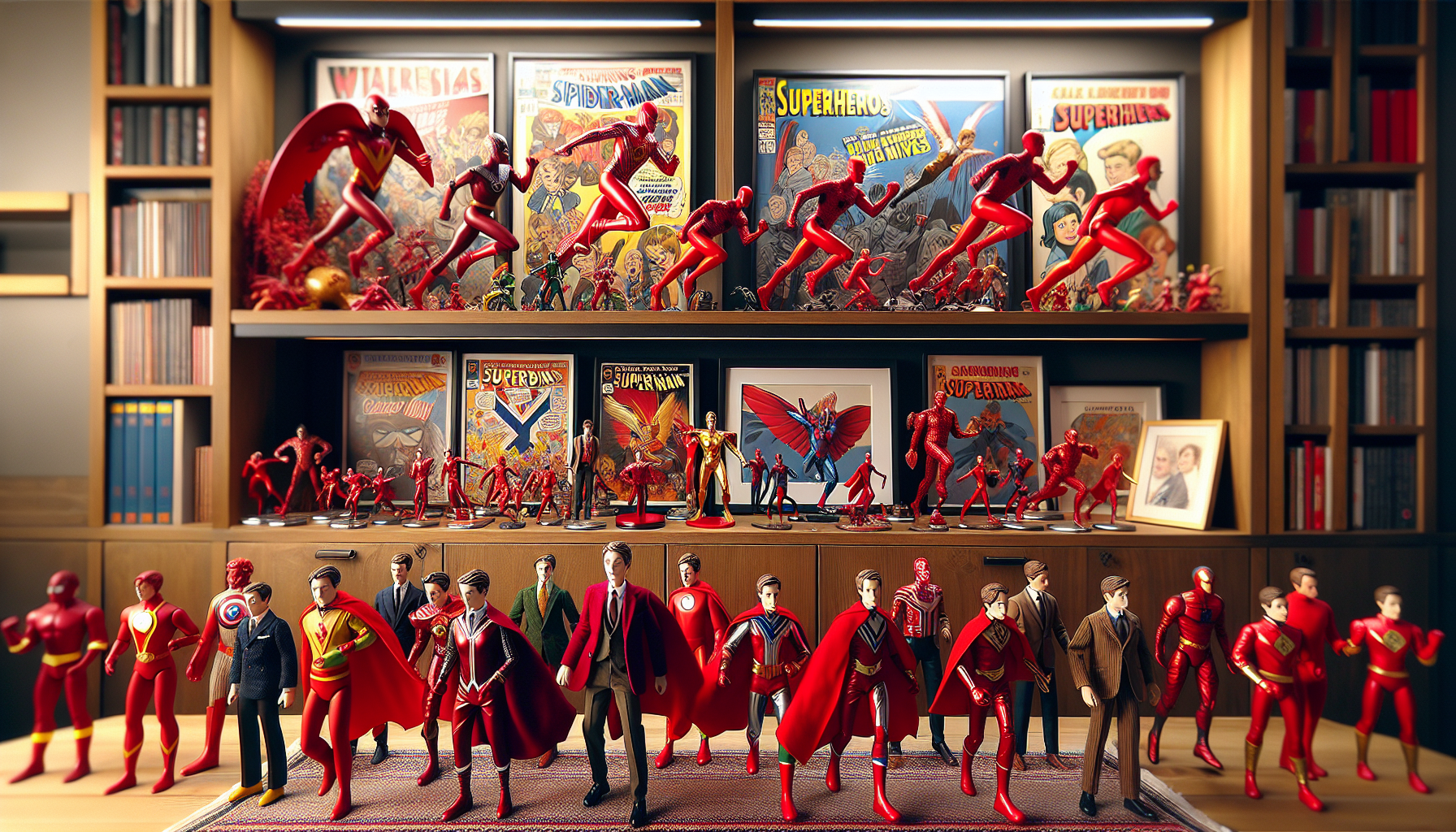 The Flash Figurer - Collector’s shelf with The Flash action figures, including Funko Pops, retro and modern designs, Swedish decor, and DC comic book posters.
