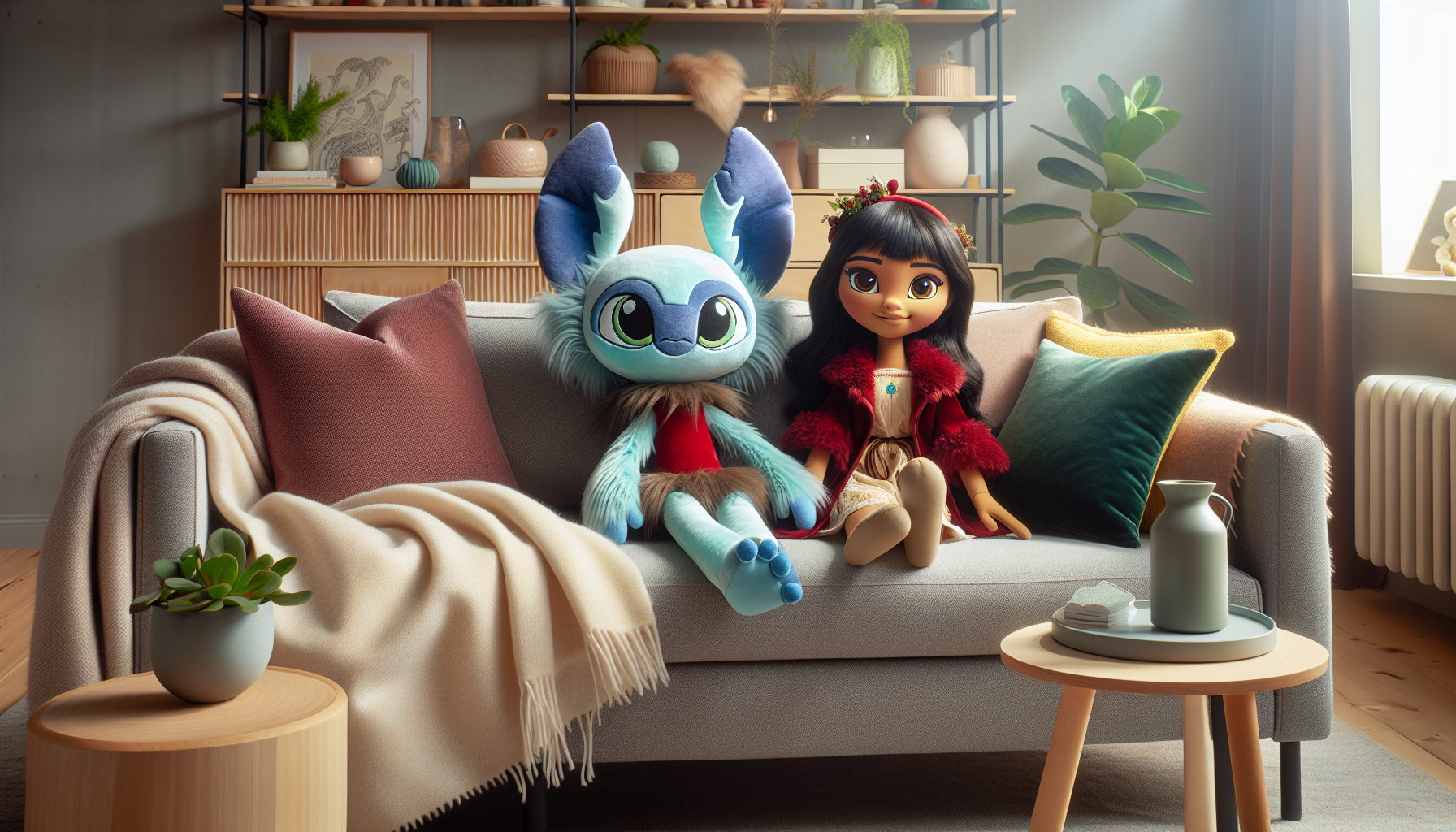 Lilo och Stitch gosedjur on a cozy Scandinavian sofa, surrounded by pillows and Nordic decor in a bright, inviting living room.