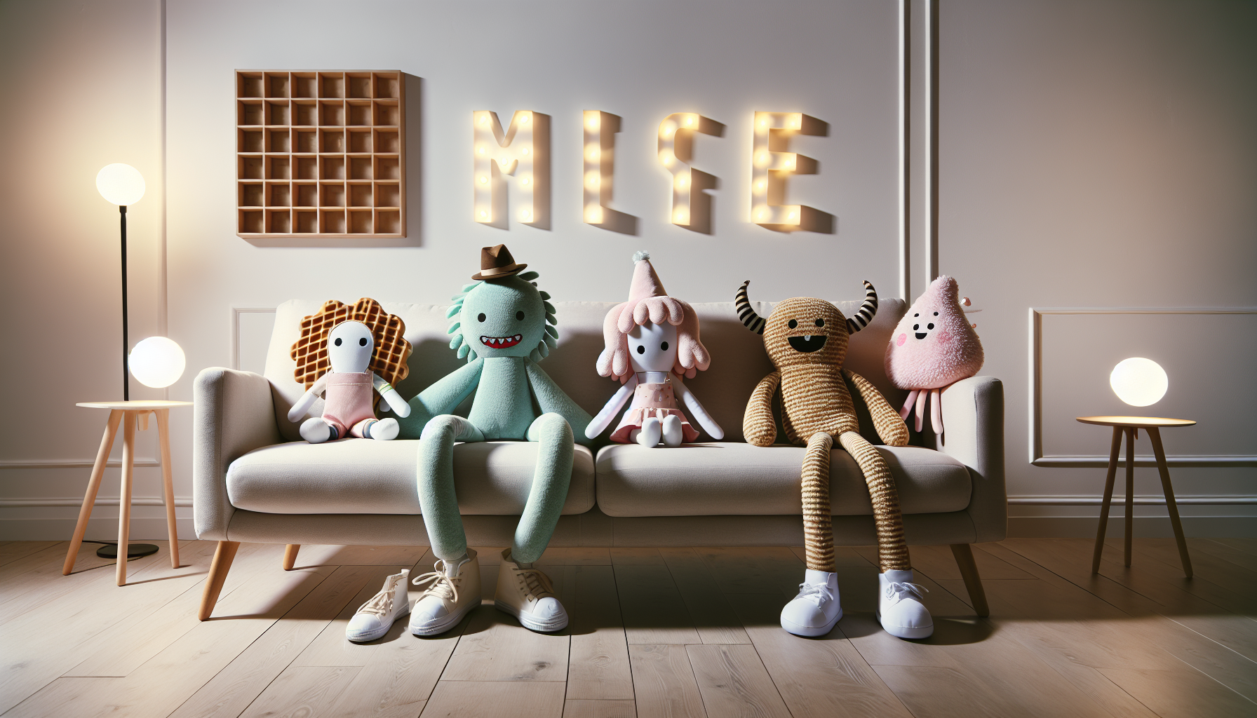 Stranger Things gosedjur on a Scandinavian sofa in a cozy, bright living room with light wood floors and subtle show-themed decor.