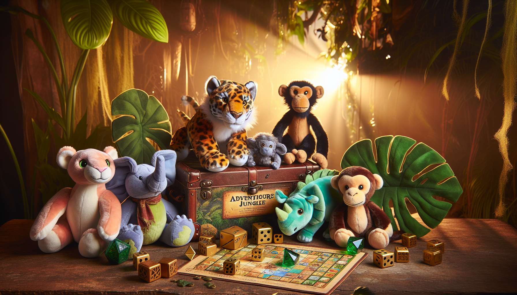 Jumanji-inspired plush toys—jaguar, rhino, monkey, elephant—on rustic table with board game, jungle leaves, golden dice, and adventure diary.