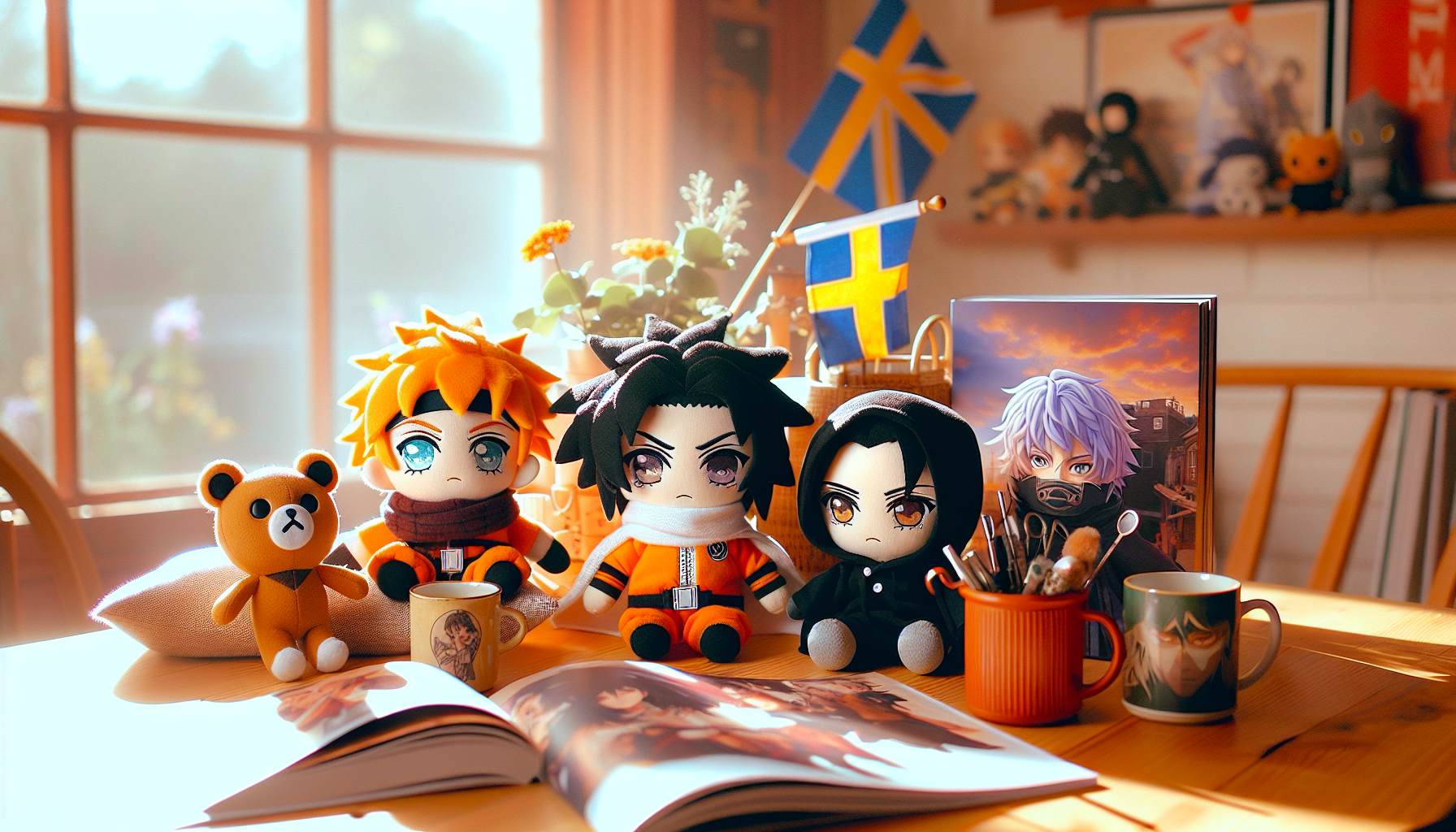 High-quality Naruto gosedjur of Naruto, Sasuke, Sakura, and Kakashi on a cozy tabletop with Swedish flag, manga, and hot chocolate.