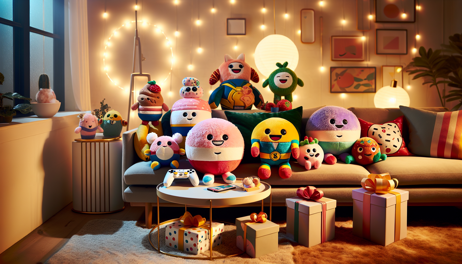 Fall Guys gosedjur - Colorful "Fall Guys"-inspired plush toys arranged in a cozy Scandinavian living room, perfect collectible gift idea for families and gamers.
