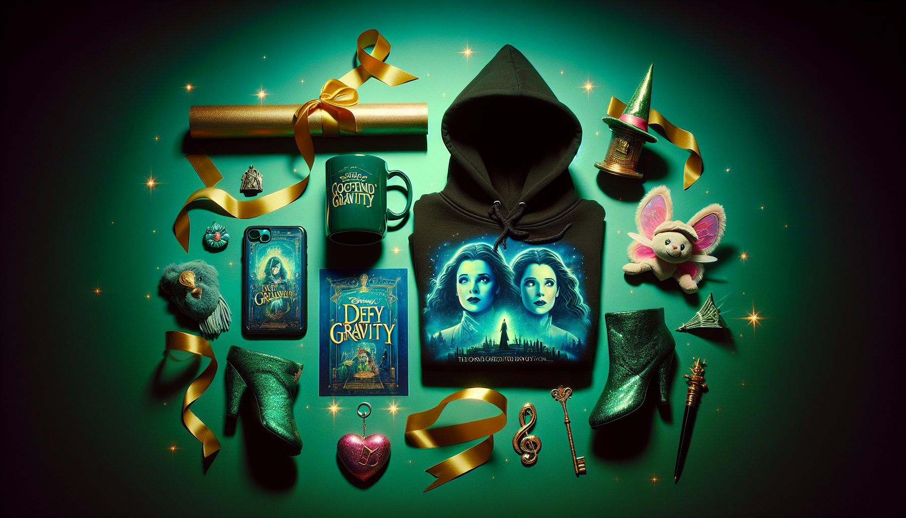 Flatlay of Wicked merchandise—hoodie, “Defy Gravity” mug, flying monkey plush, witch hat pin, poster—on glowing emerald backdrop.