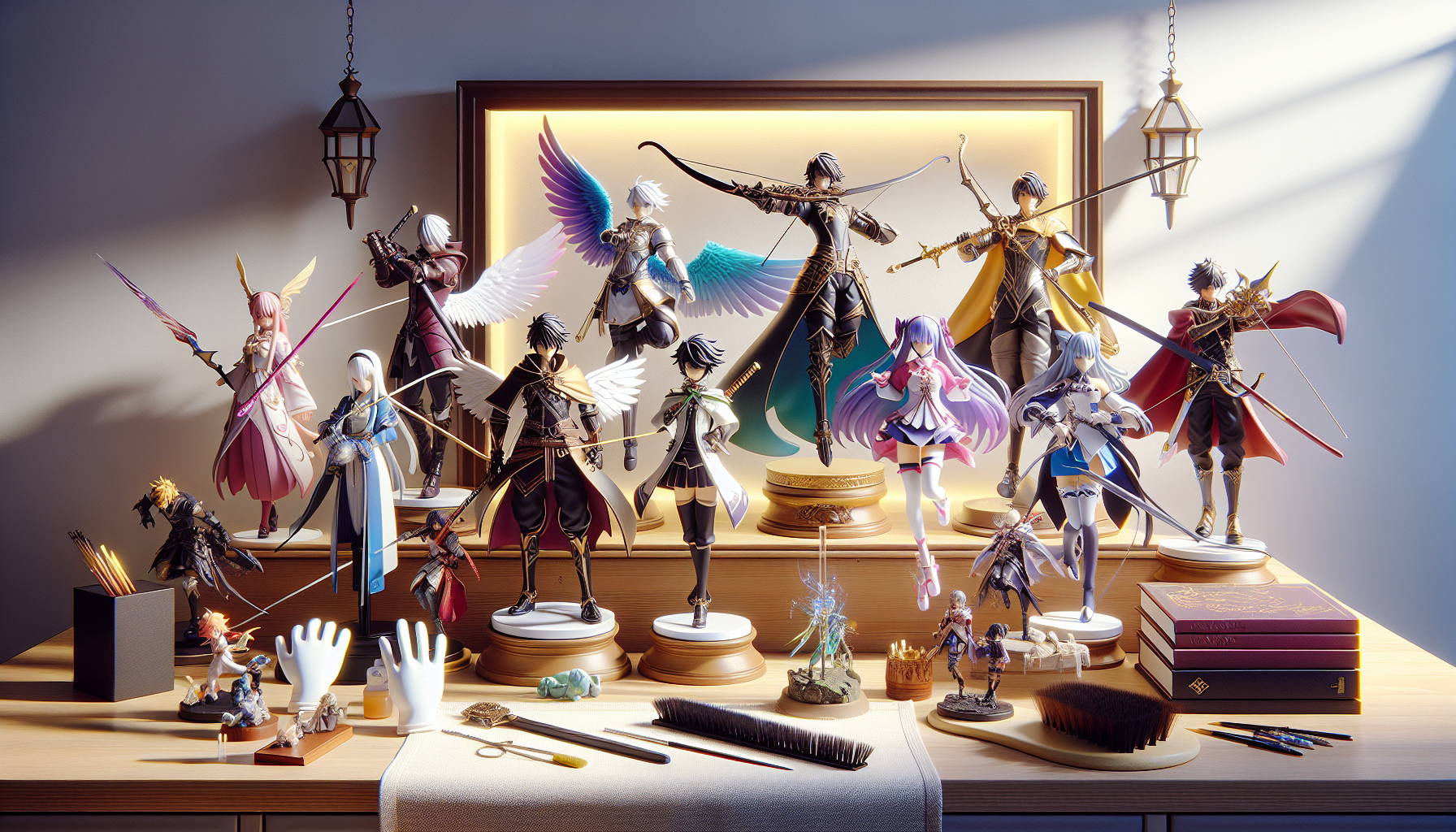 Genshin Impact Figurer - Neatly lit display shelf with vibrant, detailed Genshin Impact-style anime figures in dynamic poses, collector’s tools, and organized background.