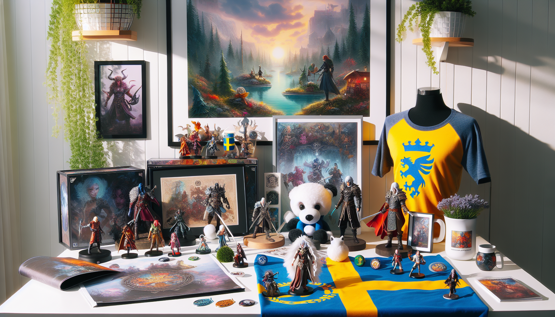 Vibrant tabletop display of Genshin Impact merchandise with figures, art prints, apparel, and subtle Swedish decor in bright lighting.