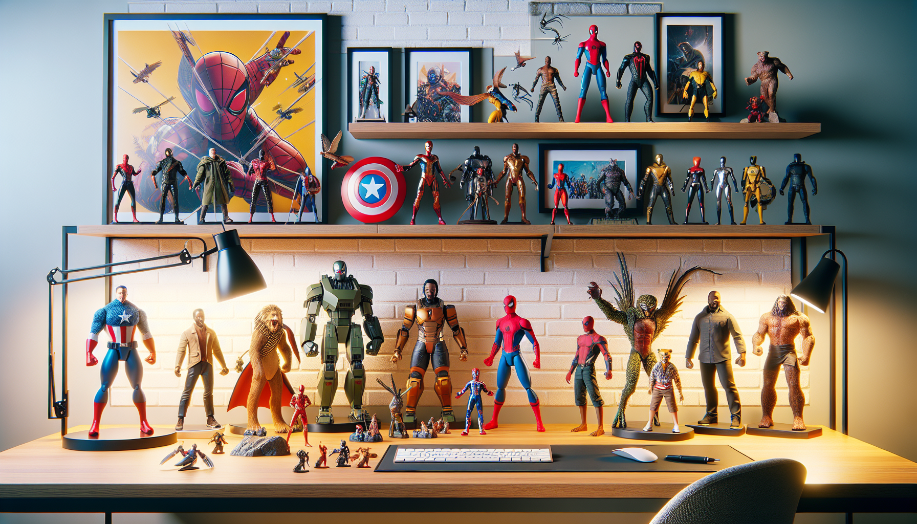 Modern desktop with Marvel figurer —Spider-Man, Iron Man, Captain America—on sleek shelves under soft lighting, perfect for collectors.