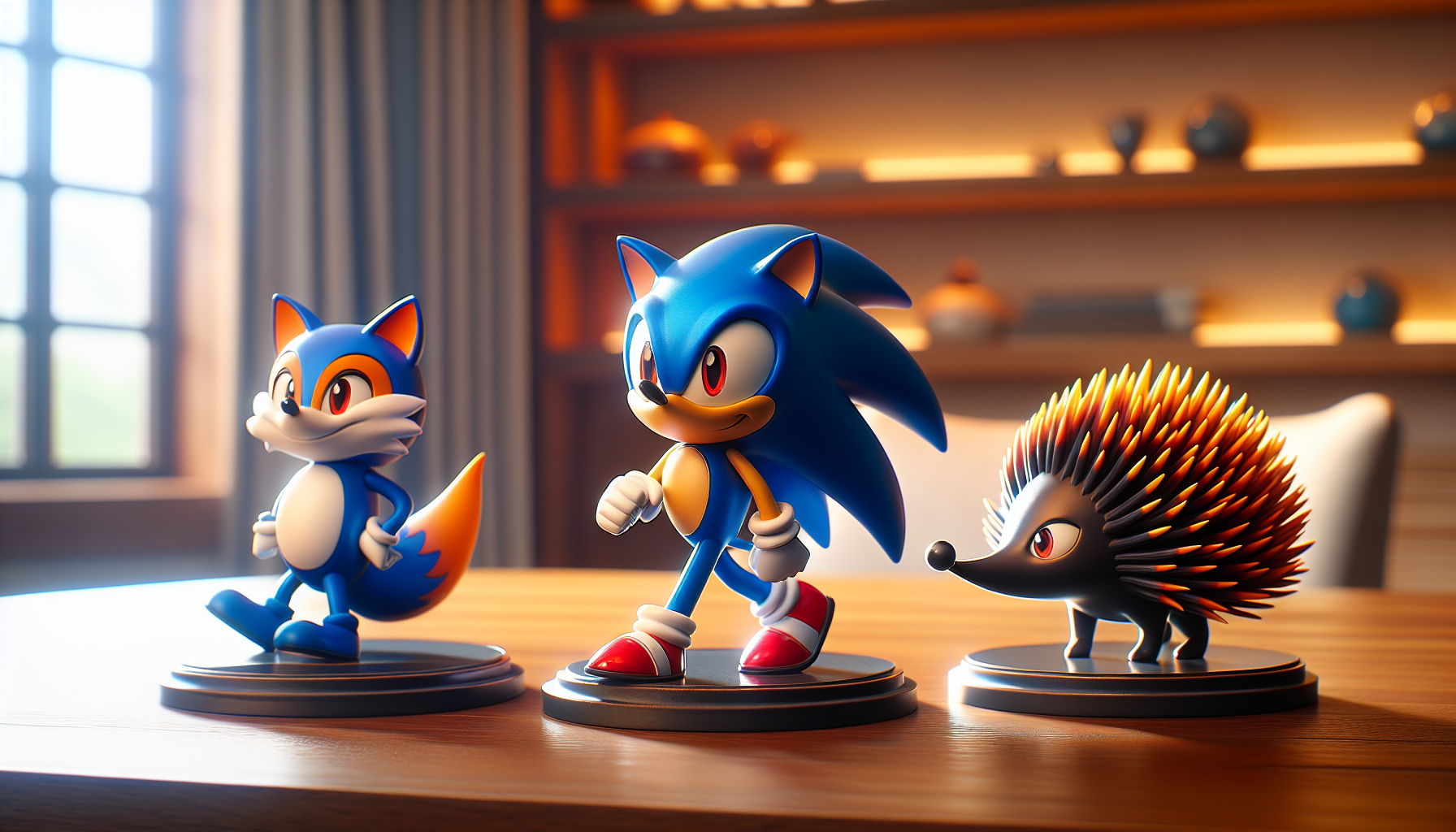 Sonic the Hedgehog, Tails, and Knuckles Funko POP figures displayed on a modern shelf in a cozy collector's room for a blog feature.