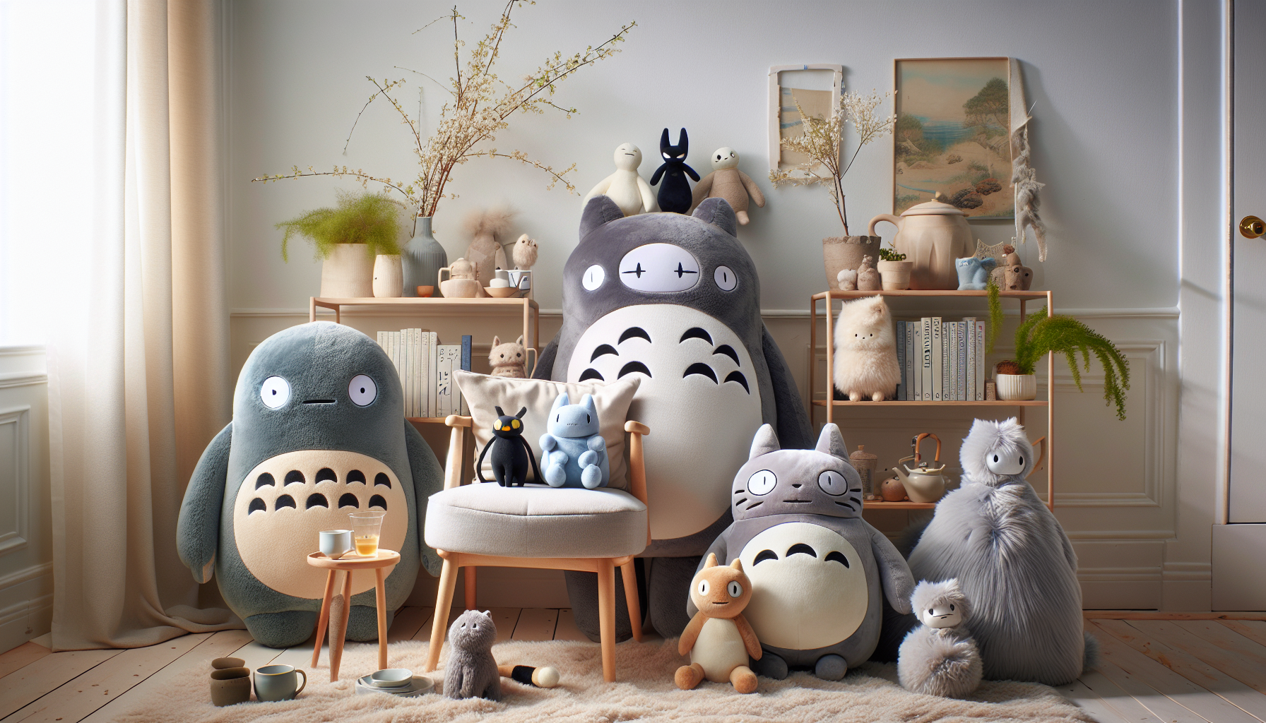 Studio Ghibli gosedjur —Totoro, Catbus, No-Face, Ponyo—arranged on wood shelf with tea, books, and plant in a cozy, Scandinavian room.