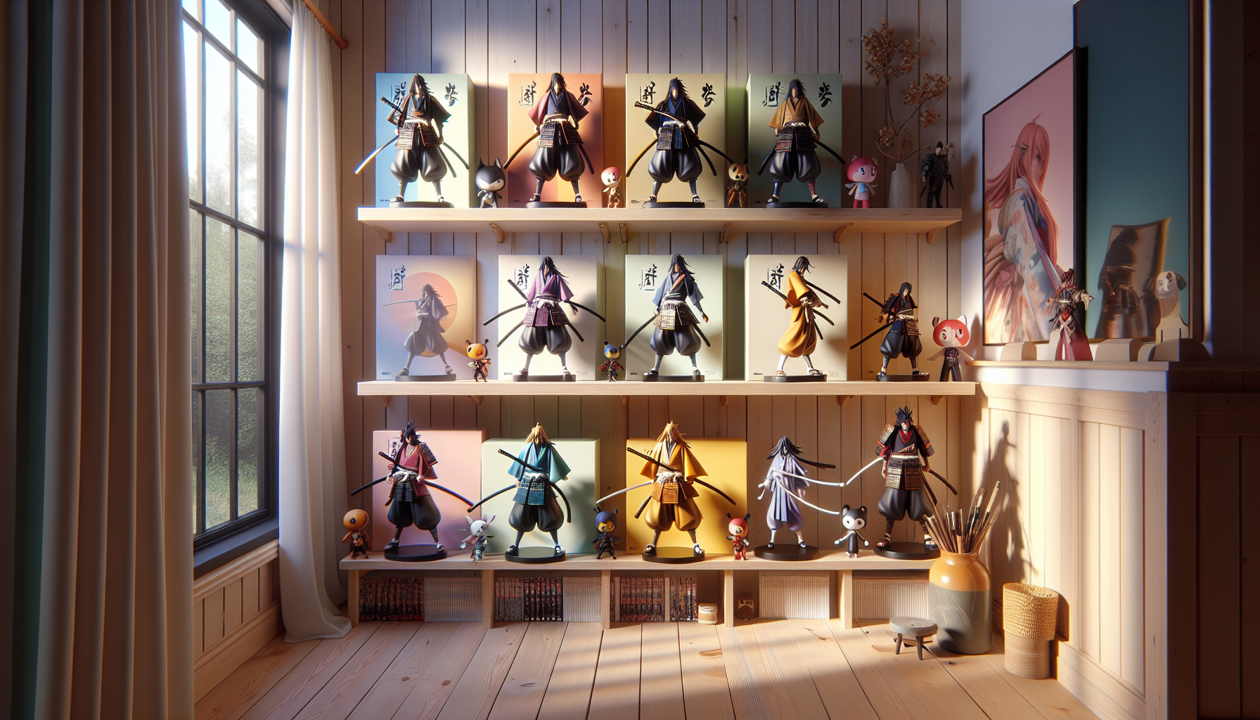 Bleach Funko POP figurer of Ichigo, Rukia, and Renji neatly displayed on a modern shelf with manga books in a Scandinavian-inspired room.