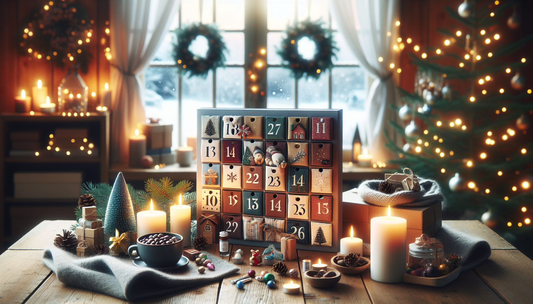 Scandinavian-style advent calendar with colorful doors, candles, pine branches, and festive Christmas decor in a cozy, modern winter setting.