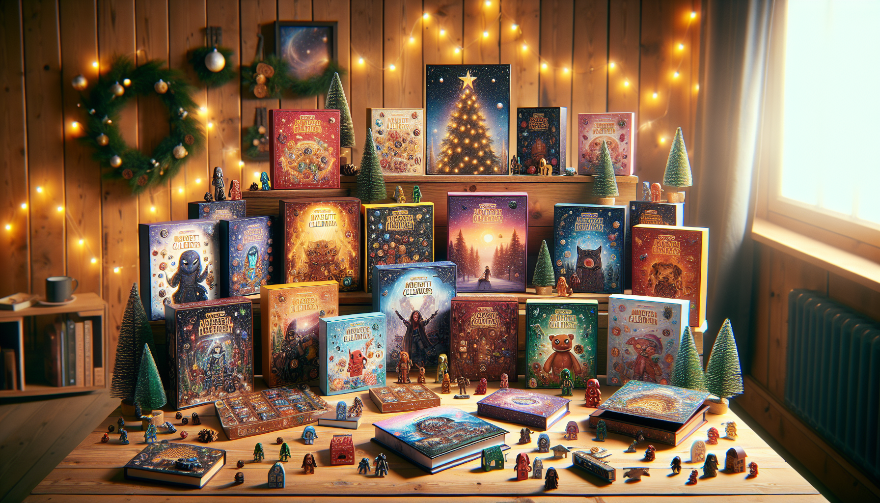 Festive nerdy advent calendars with pop culture designs on a cozy wooden table, warm Christmas lights, and pine, evoking Scandinavian winter joy.