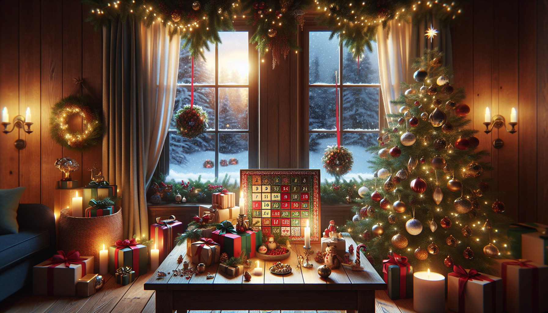 Cozy Scandinavian living room with advent calendar, gifts, fairy lights, and Robotto.se logo, perfect for a Swedish Christmas julkalender blog.