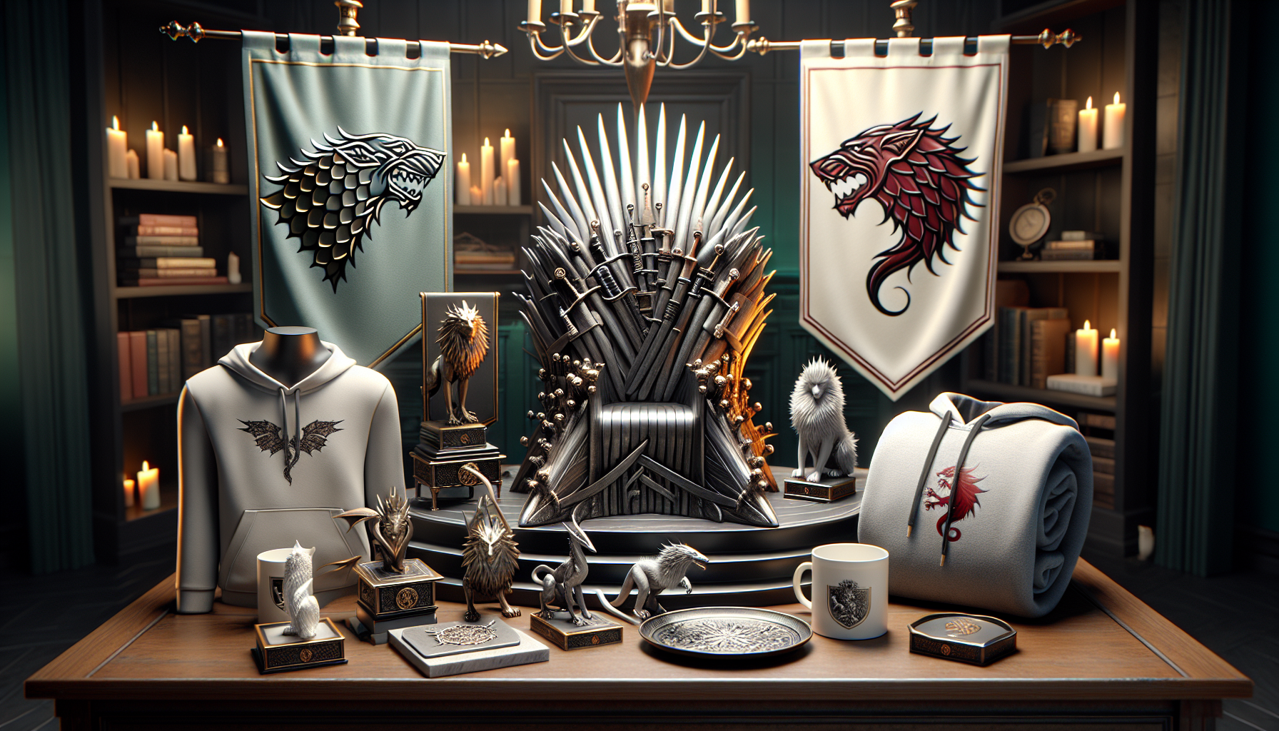 Premium Game of Thrones merchandise set with Iron Throne miniature, house sigil flags, dragon mug, Funko Pop, and direwolf hoodie on wooden shelf.