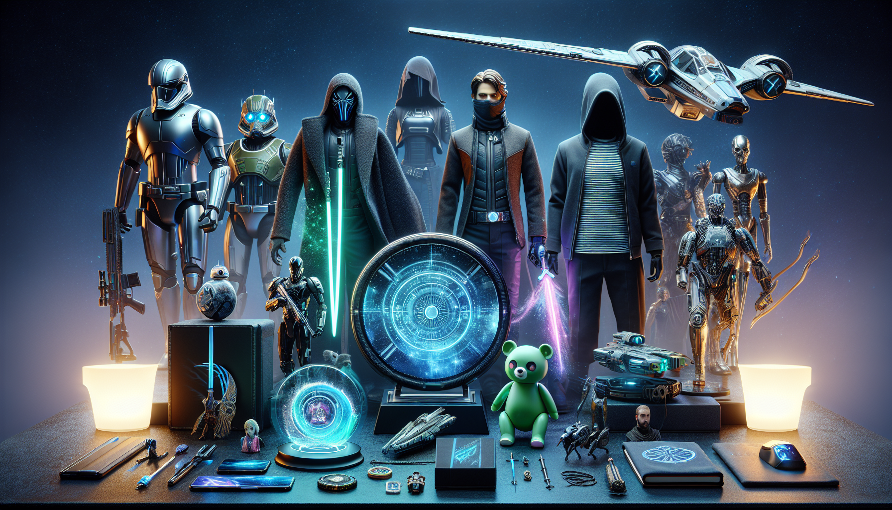 Star Wars merchandise display with action figures, Millennium Falcon, lightsaber, droid gadgets, and holographic effects on starry background.