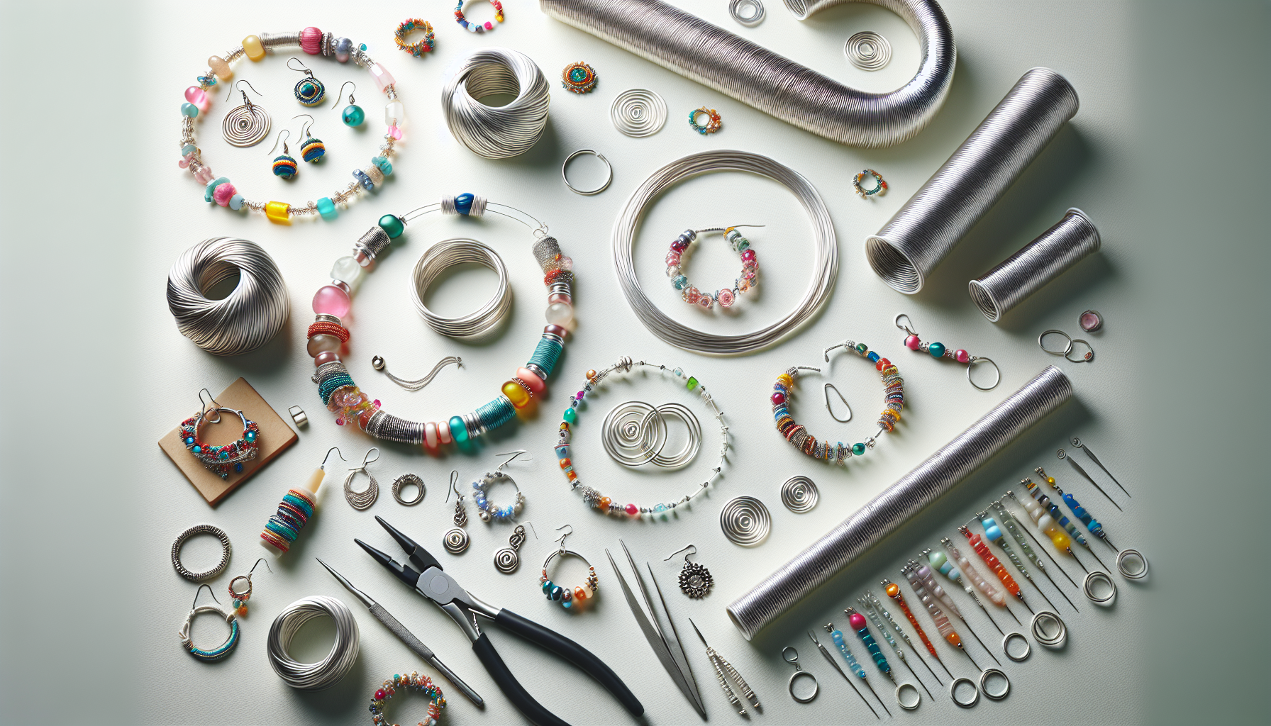 Flat lay of handmade memory wire jewelry—colorful spiral bracelets, necklace, rings, beads, tools—on white background, Scandinavian style.
