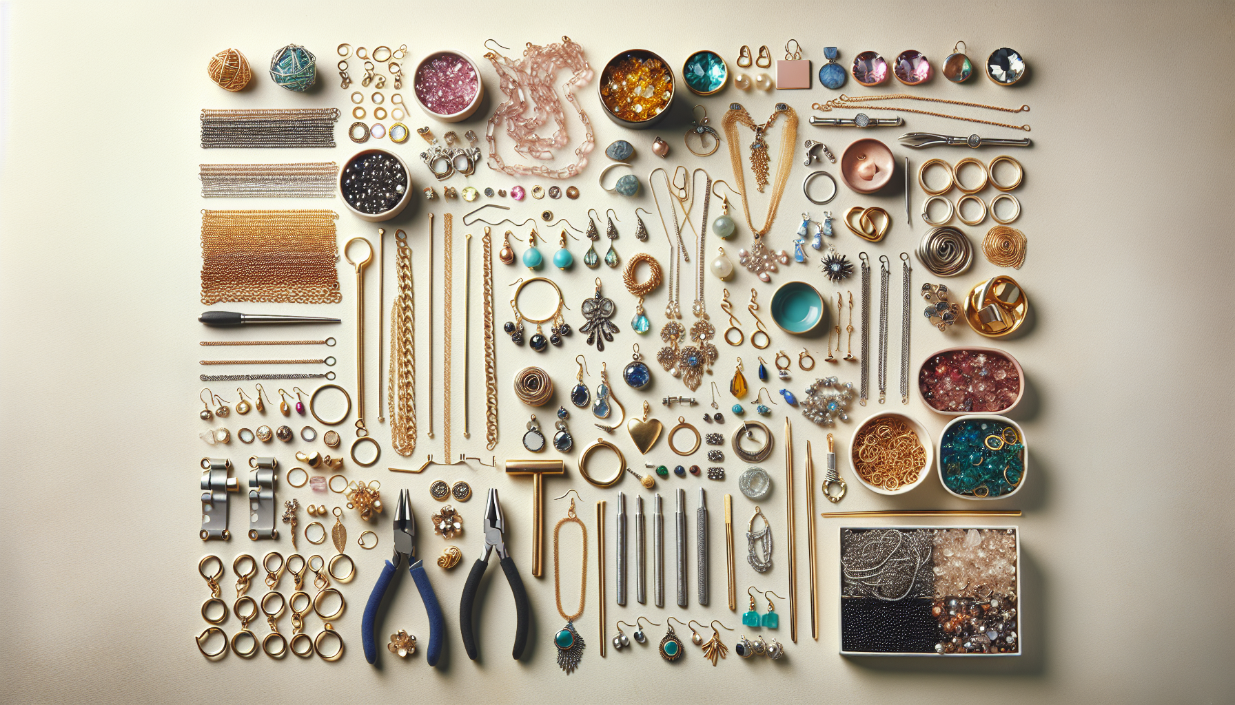 Smyckesdelar - Flat lay of assorted jewelry making components, gold and silver chains, beads, tools, smyckesdelar on a sleek Scandinavian background.