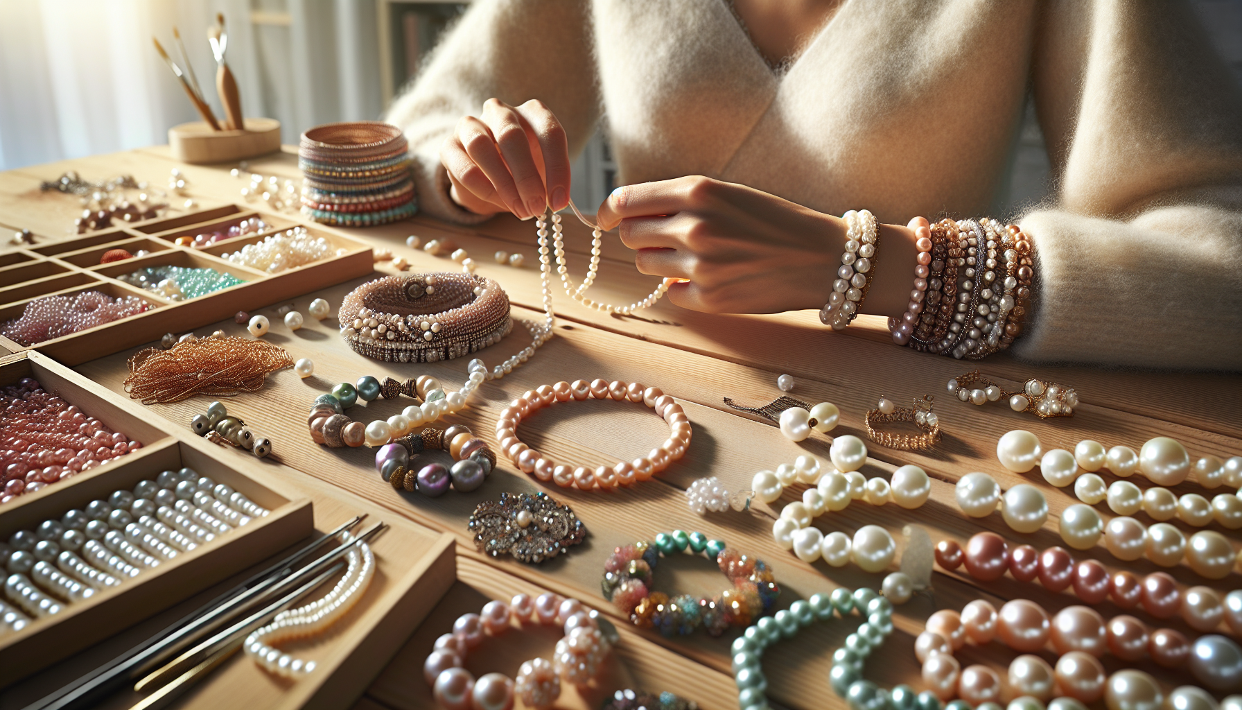 Pärlor - Hands stringing colorful pearls into a necklace on a wooden table with beaded jewelry, crafting tools, and soft natural light in a cozy studio.