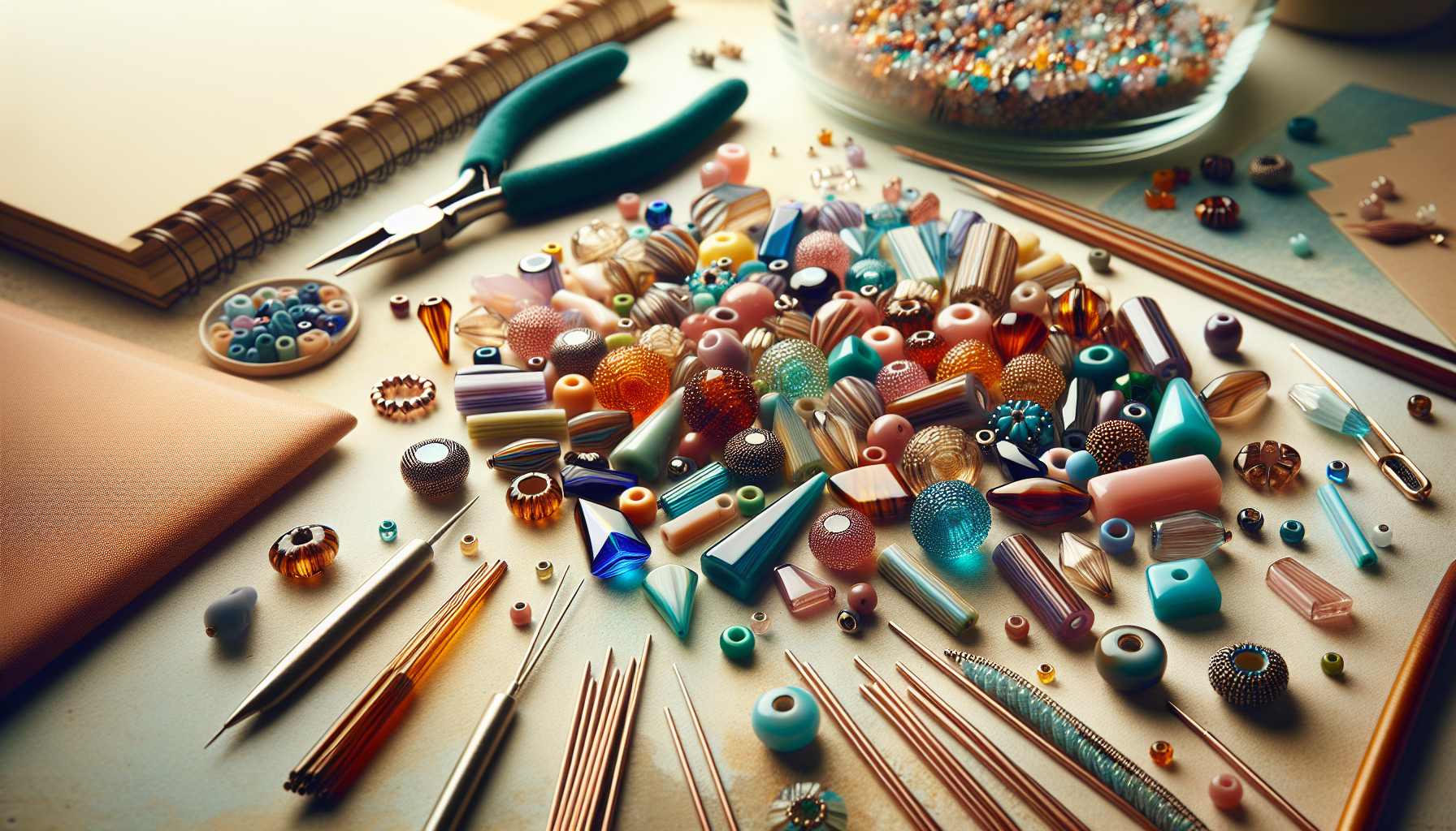 Close-up of colorful CzechMates glass beads in unique shapes on jewelry wire, with tools and patterns in a bright, modern workspace.