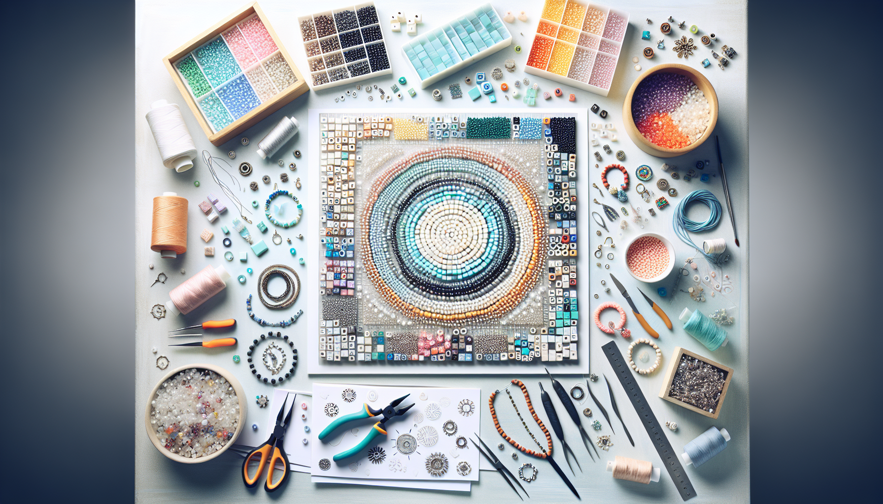 Colorful tile beads arranged in creative patterns with jewelry tools, spools, sketches, and DIY bracelets on a bright beadwork workspace flat lay