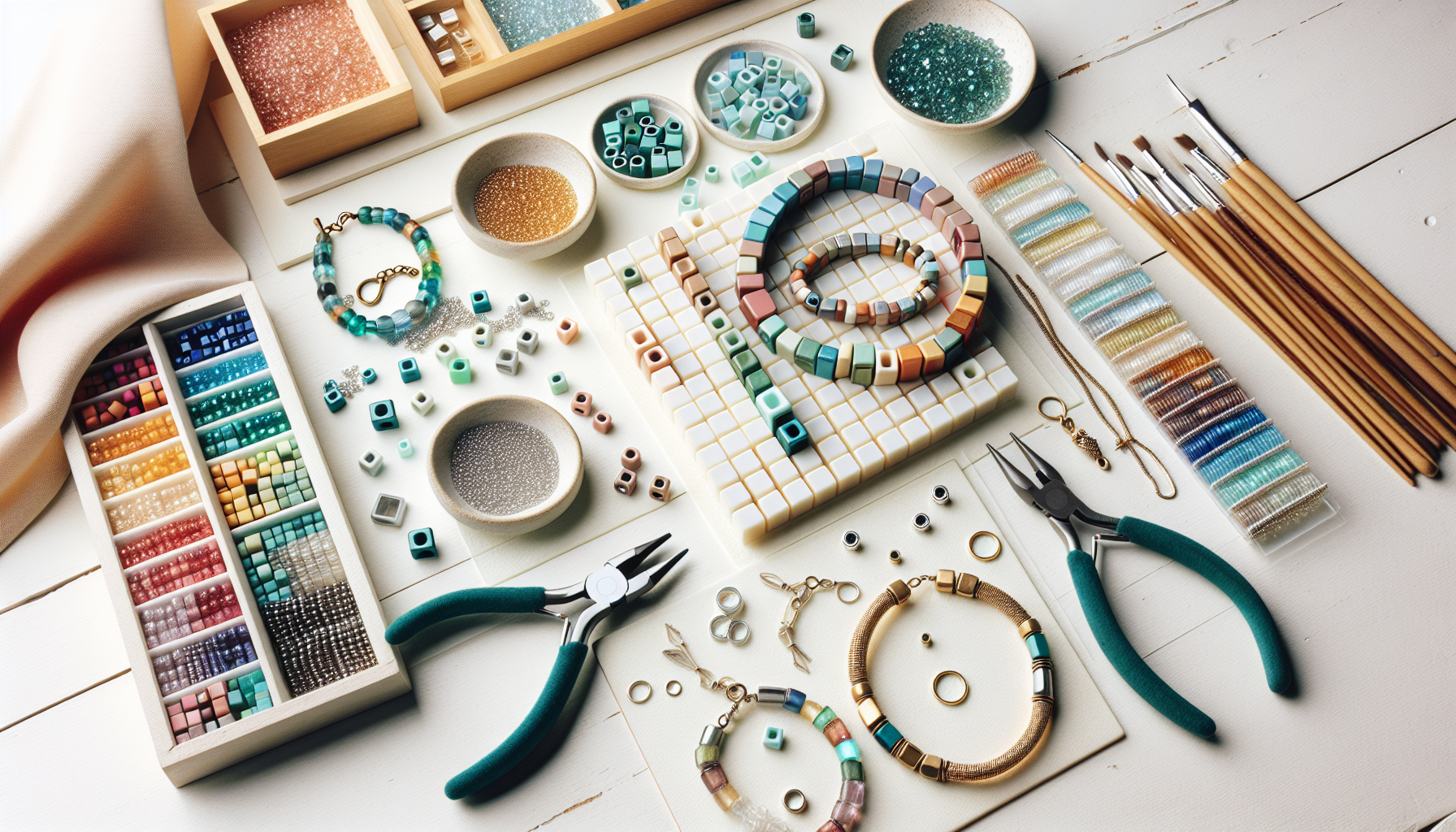Flat lay of colorful CzechMates Bricks beads, jewelry tools, and handmade bracelets on a white background for creative jewelry-making.