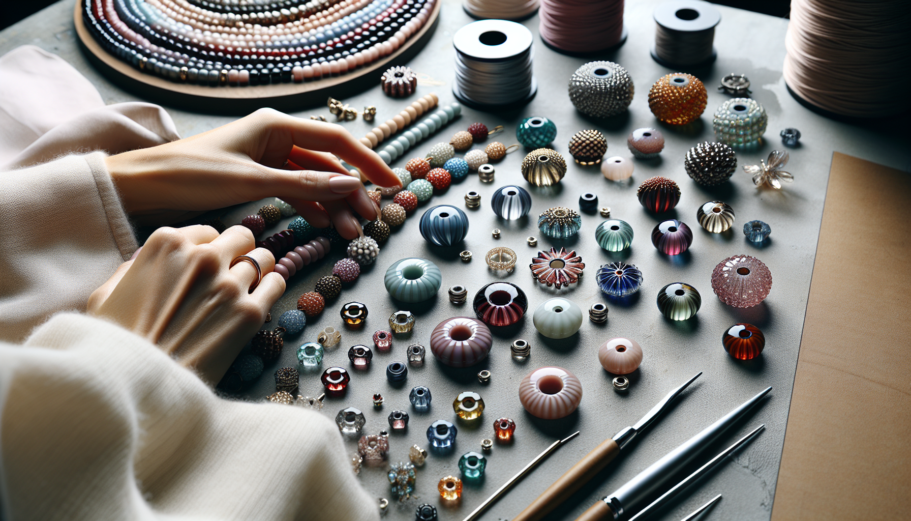 Elegant beading workspace with colorful CzechMates Cabochon beads, handmade jewelry, premium tools, and designer arranging beads on modern surface.