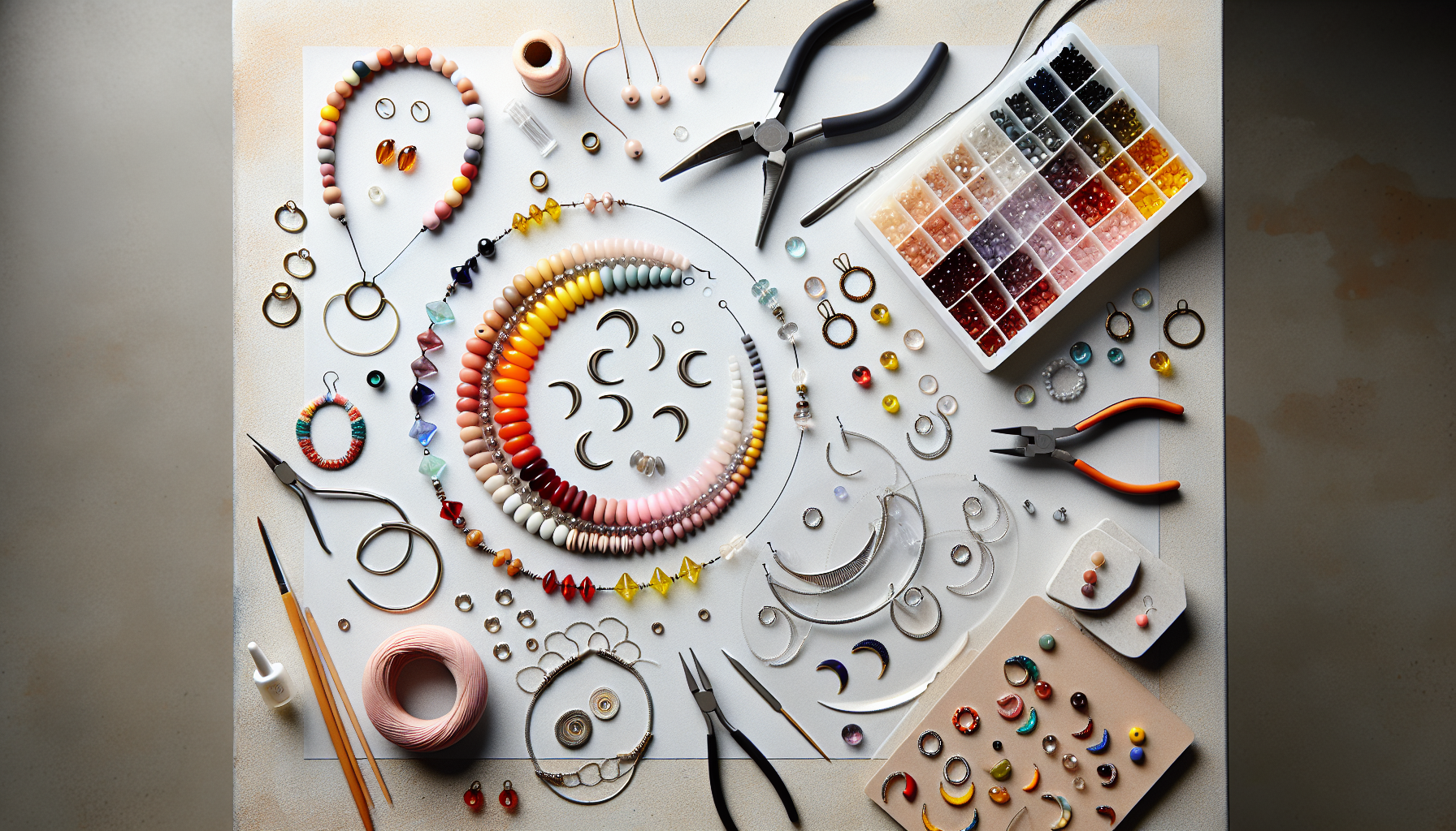 Flat lay of colorful CzechMates Crescent beads, finished jewelry, and beading tools on a minimalist workspace for DIY jewelry making.