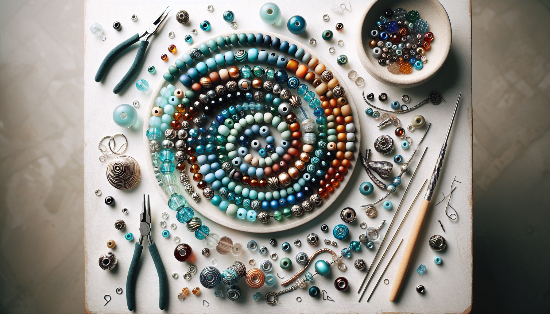 Flatlay of vibrant CzechMates two-hole lentil beads, beading tools, and DIY necklace on minimalist pastel background for jewelry making blog.