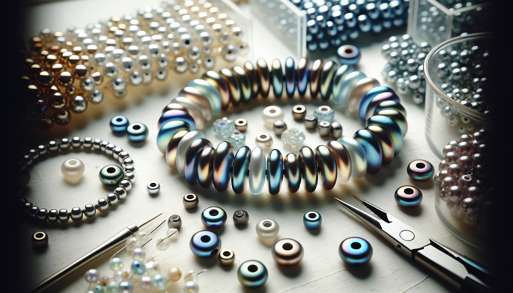 Close-up of handmade jewelry with CzechMates QuadraLentil beads in iridescent colors, tools, and beads on a white workspace.